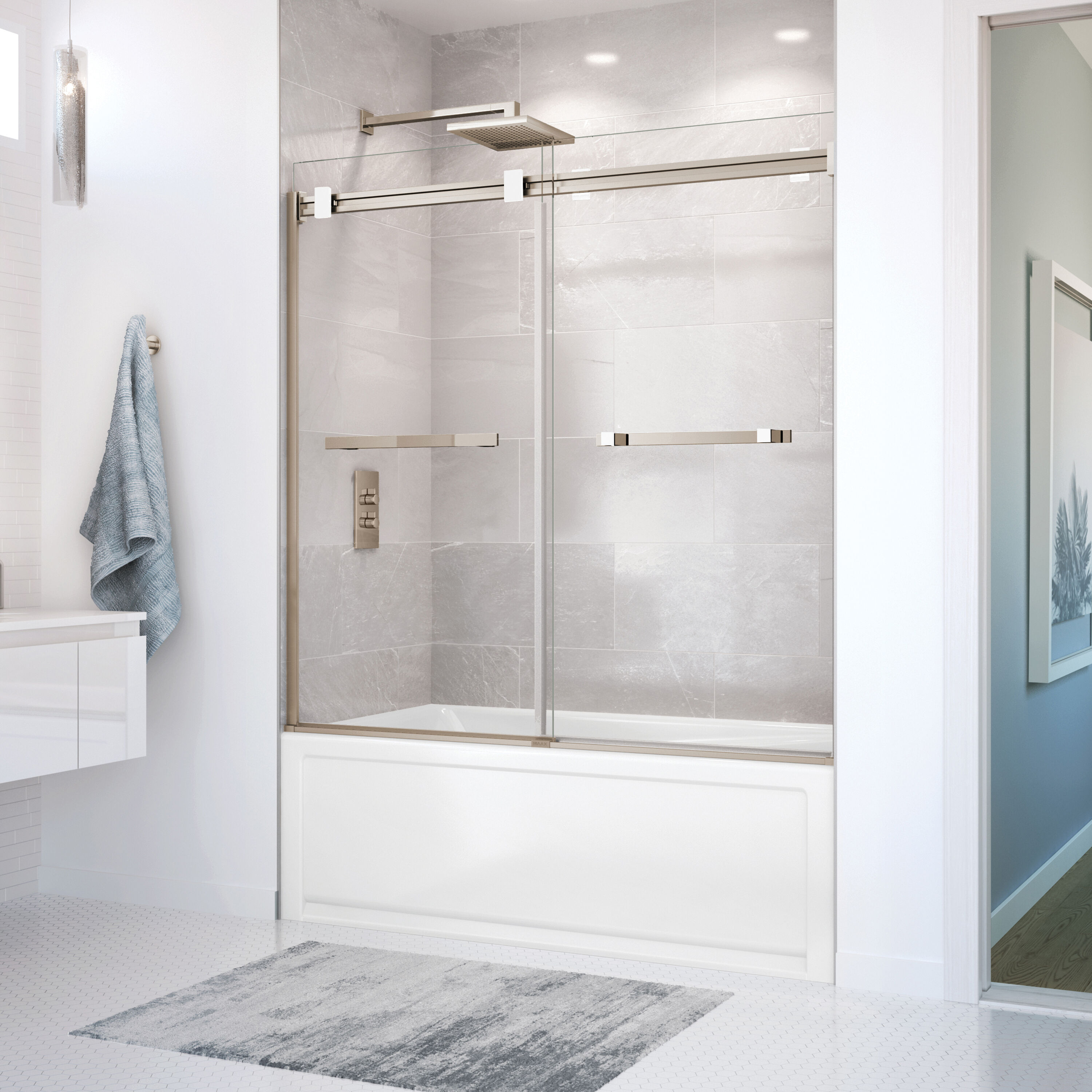 MAAX 136270-900-290-000 Duel Brushed Nickel Matte White 56-in to 59-in W x 59-in H Frameless Sliding Bathtub Door