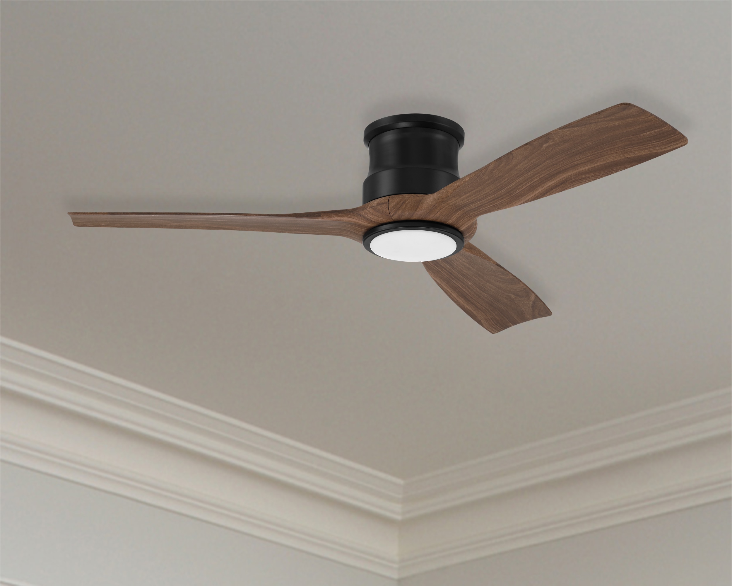 Harbor Breeze Brayard 52-in Matte Black with Dark Walnut Blades Color-changing Integrated LED Indoor Flush Mount Propeller Ceiling Fan with Light and -  ACA52MBK3LR