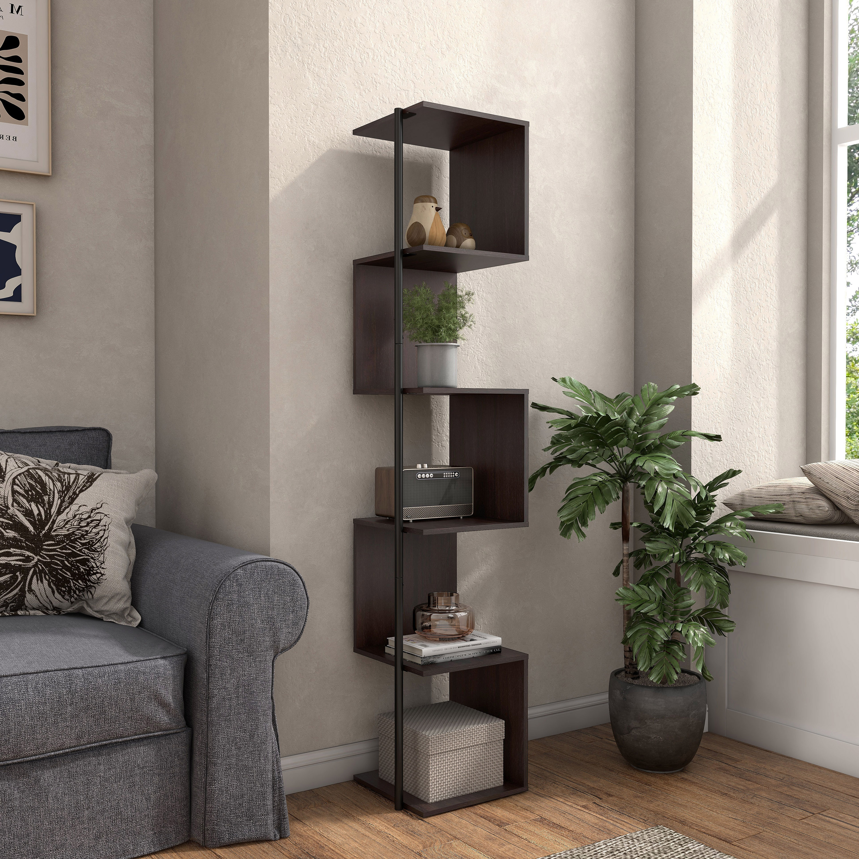 Furniture of America IDI-233164 Yaztra Espresso, Black Composite 5 -Shelf Corner Bookcase ( 11.75-Inches W x 63.25-Inches H x 11.75-Inches D ) Finished