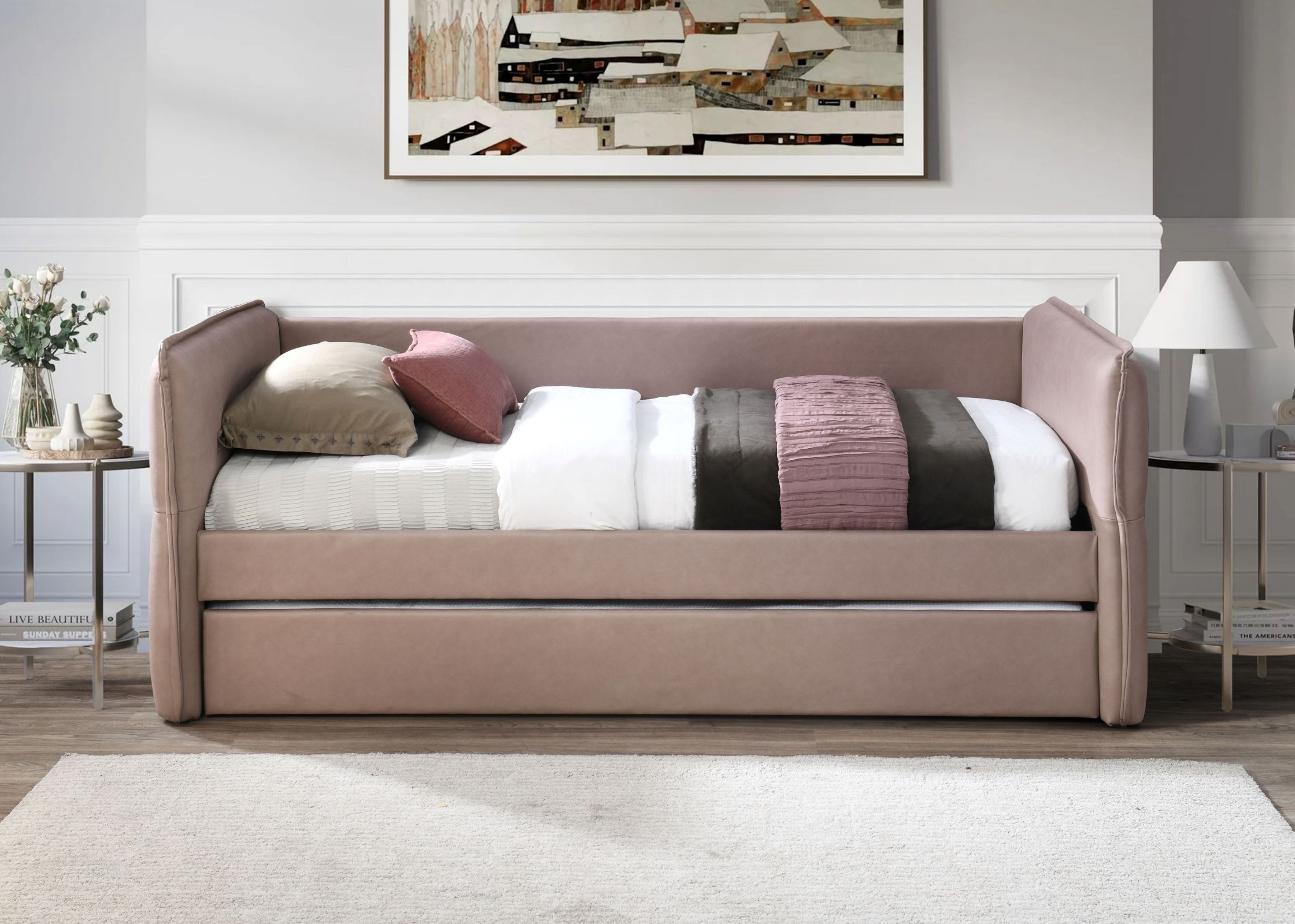 CHITA 45-Inch Mauve Daybed with Trundle with Pull-Out Trundle Sofa-Style Seating and Guest Sleep Function and Space-Saving Trundle Design