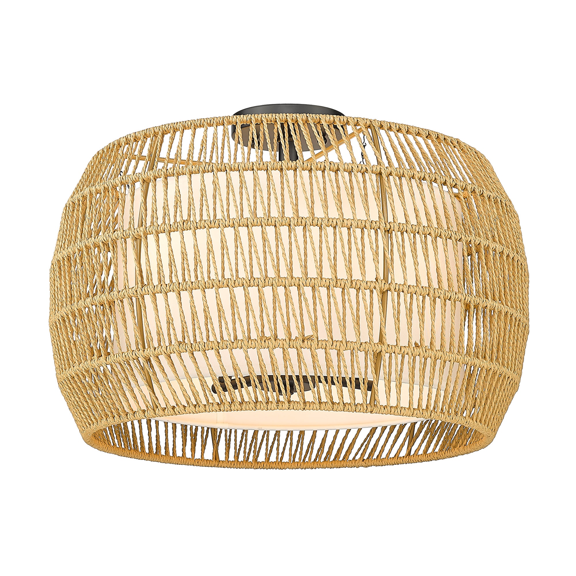 Matte Black and Natural Rattan Drum Semi-Flush Mount Light