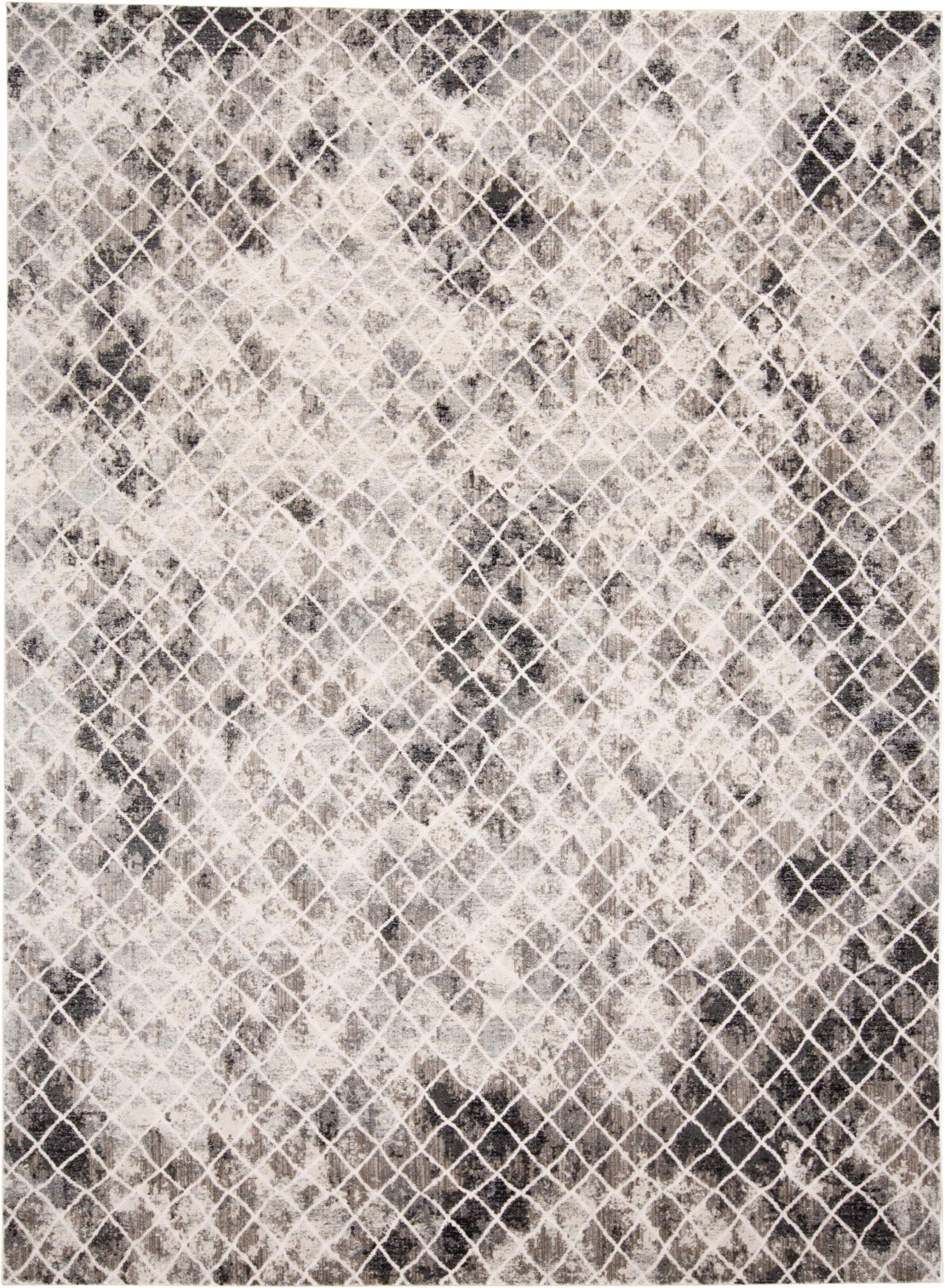Ivory and Gray Distressed Diamond Pattern Rectangular Rug