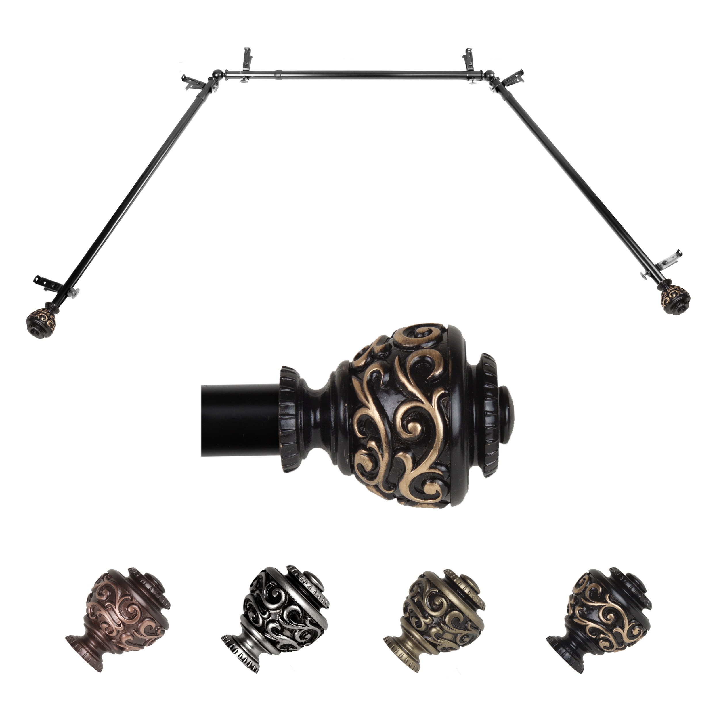 Hart & Harlow LO-ABAY-89-2 72-in to 144-in Black Steel Bay window curtain rod with Finials
