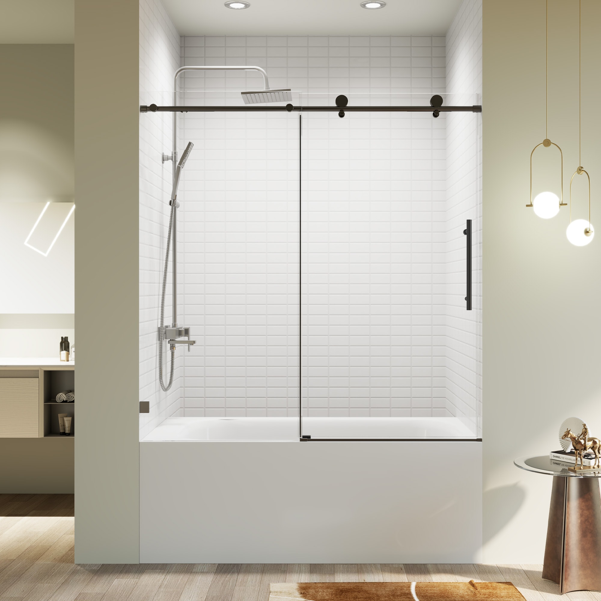 Afhocomp - Matte Black 56-in to 60-in W x 60-in H Frameless Clear Glass Sliding Bathtub door