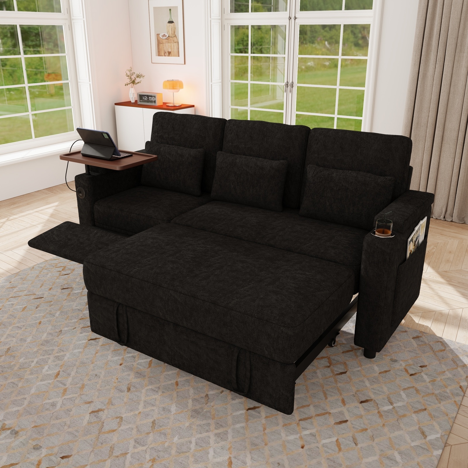 Horizons Prime - 81 inch Black Chenille 3-in-1 Foldable Three-Person Sofa Bed with Adjustable Bac...