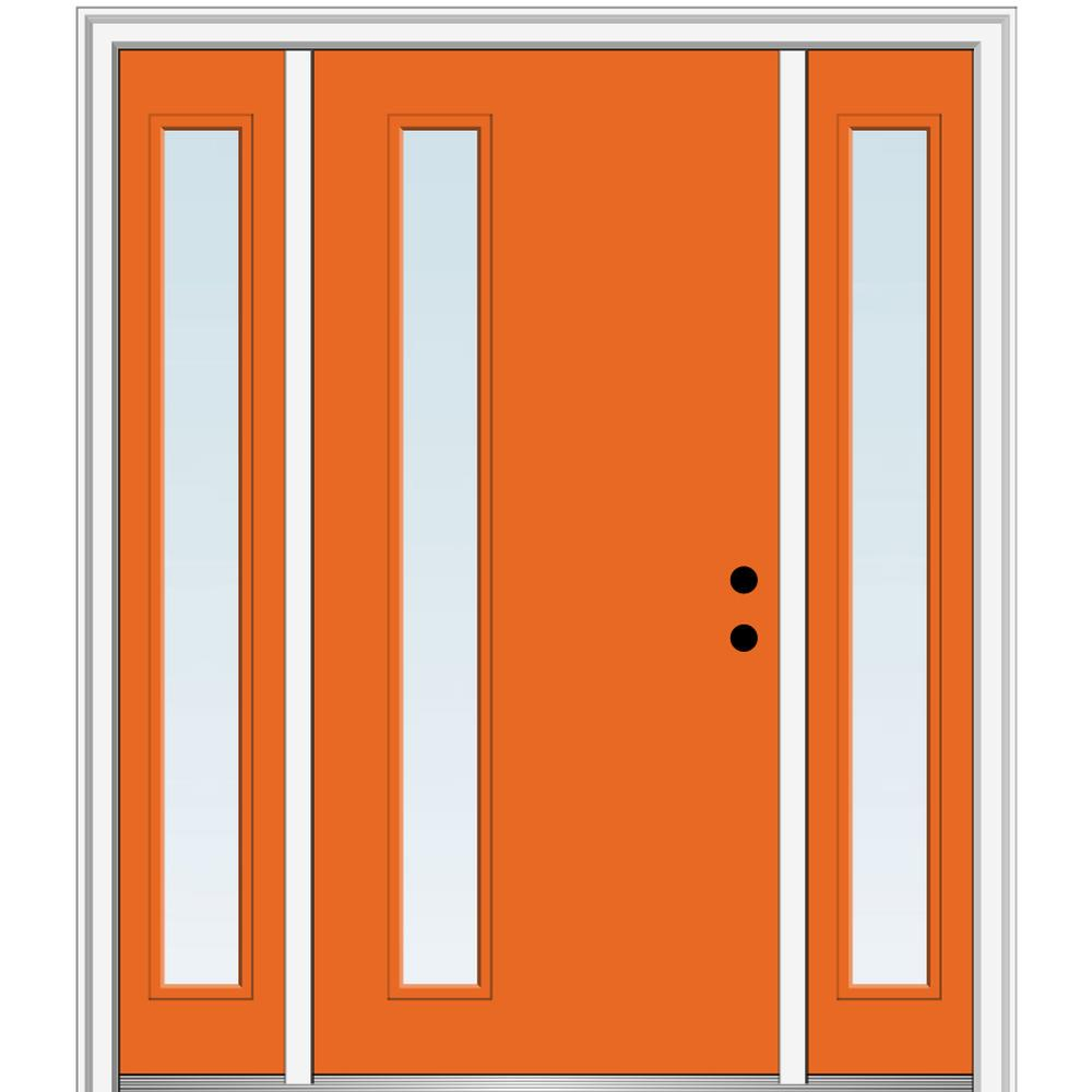 MMI DOOR ZZ348618L Spotlights 60-in x 80-in x 6-9/16-in Fiberglass Pulse lite Left-hand inswing Tangerine Painted Prehung Front Door with Sidelights with Brickmould Insulating core