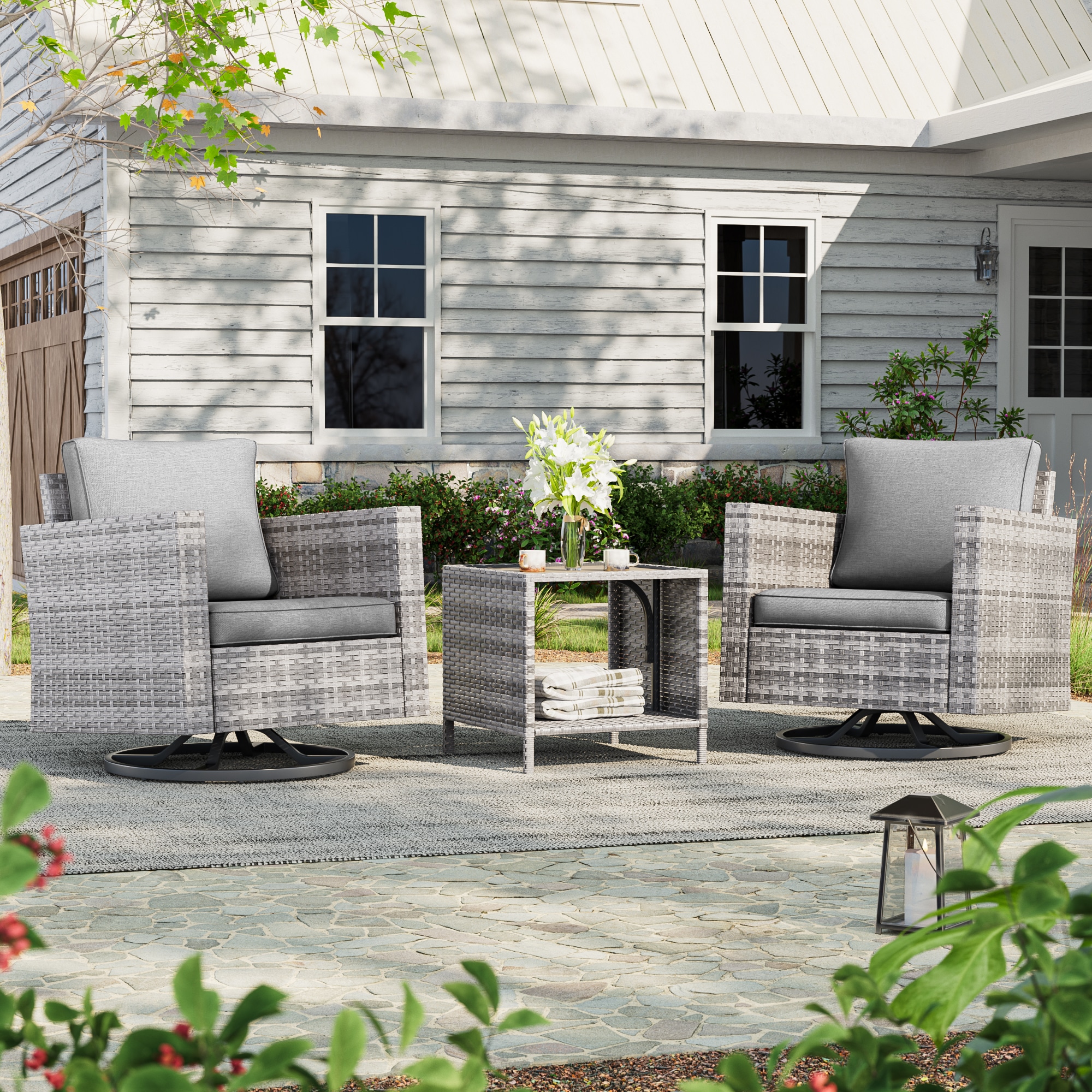 ACEGOSES LW-2R-HGY-T3 Patio Swivel rocker chairs 3 -Piece Wicker Patio Conversation Set with Gray Cushions