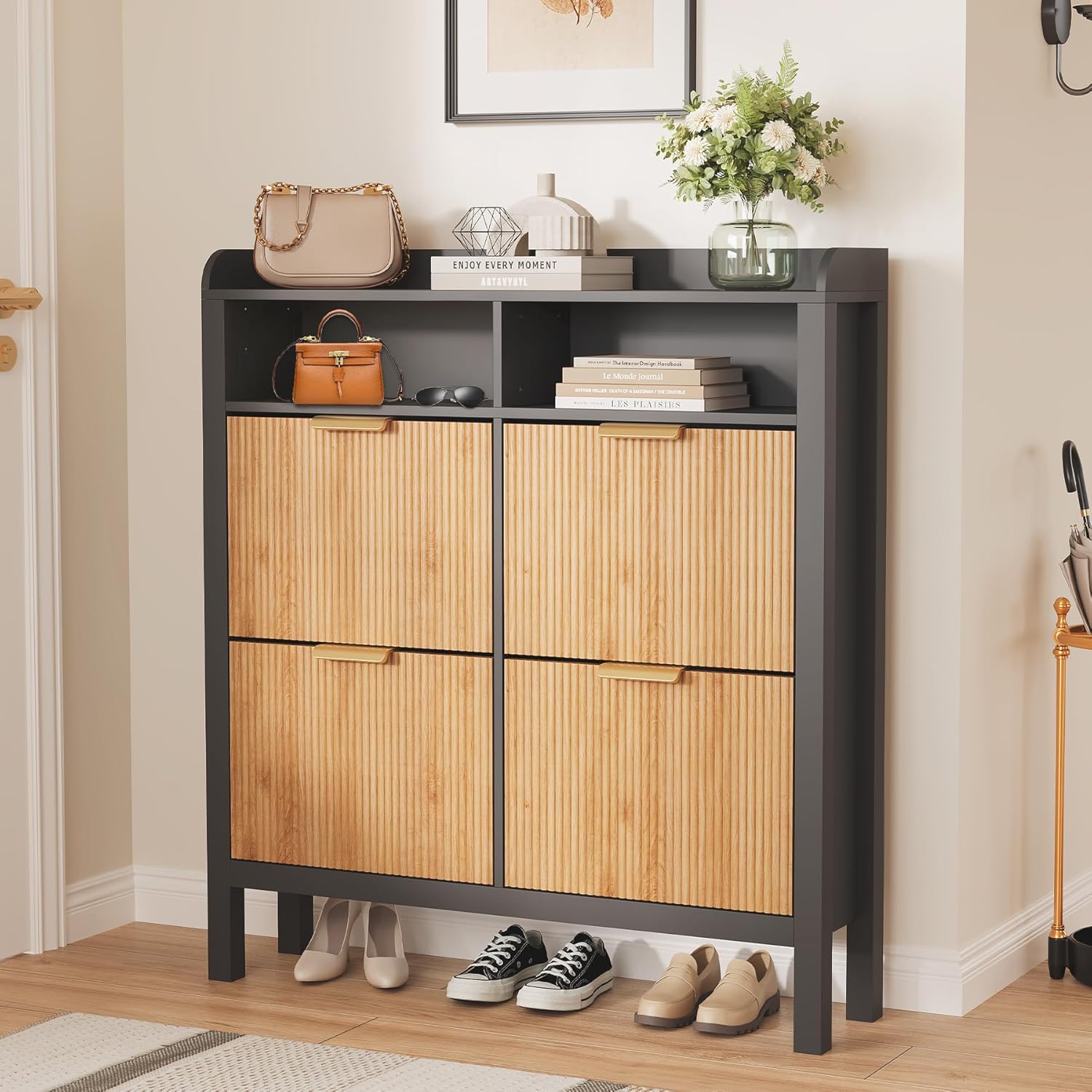 Garvee 40 inch Shoe Cabinet Storage for Entryway Fluted Shoe Cabinet with 4 Flip Drawers Wooden Freestanding Hidden Narrow Slim Shoe Storage for Entryway Hallway (Black+Natural)