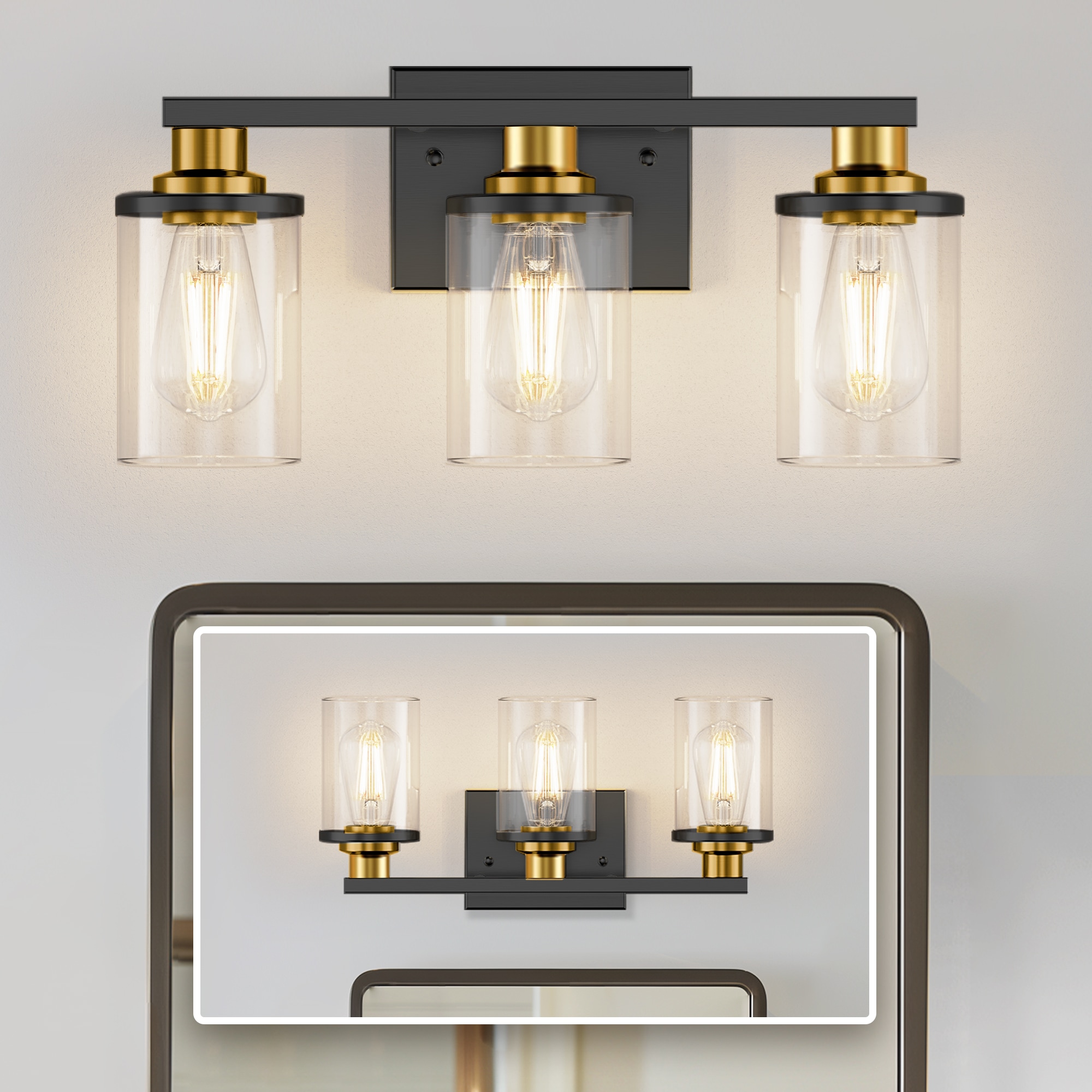 DORESshop 19.69 in 3 Light Black Gold Vanity Lights with Cylindrical Clear Glass Shade for Bathroom Bedroom 1 Pack