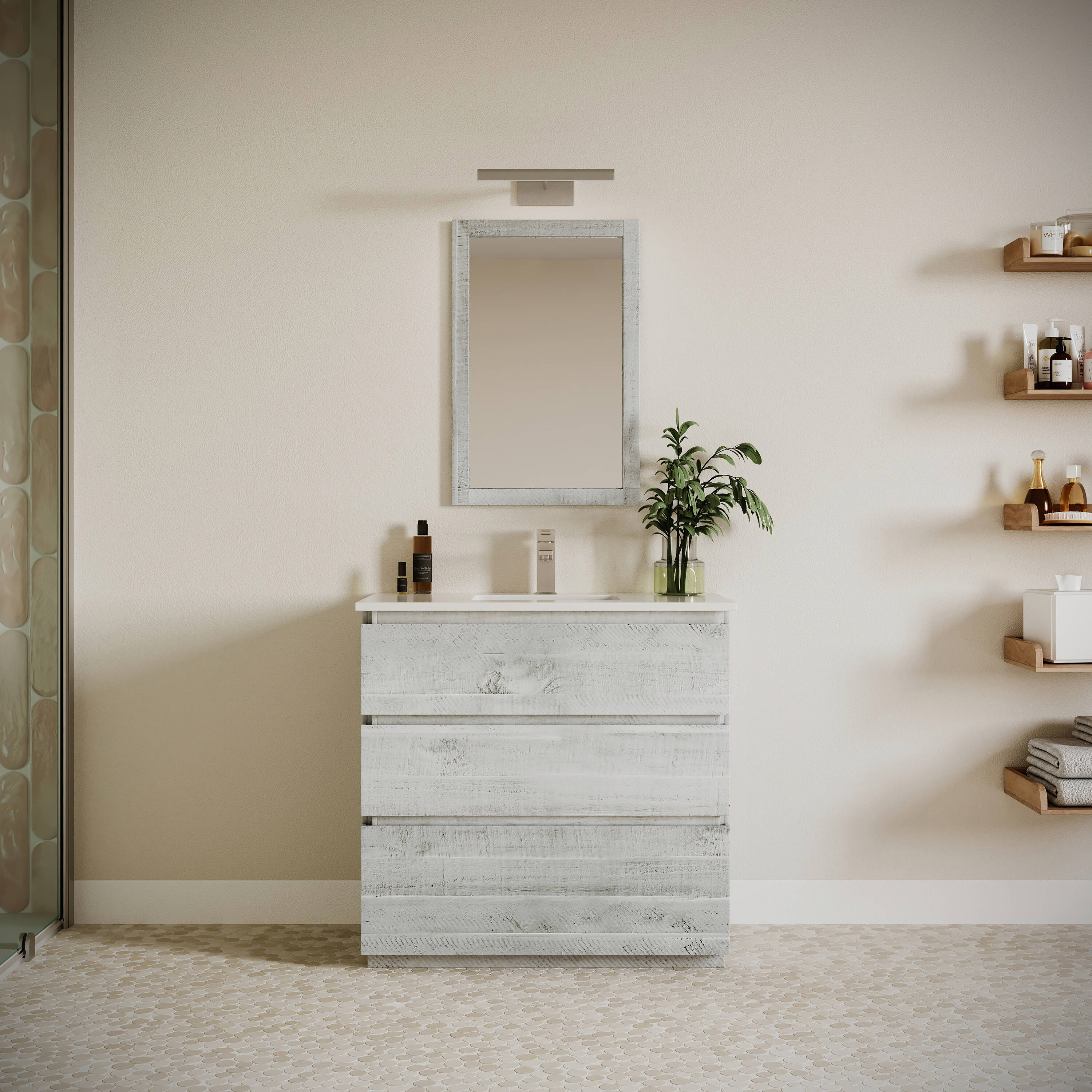 Fresca FCB3136RWH-FC-CWH-U Formosa 36 Rustic White Undermount Single sink Bathroom Vanity with White Quartz Top