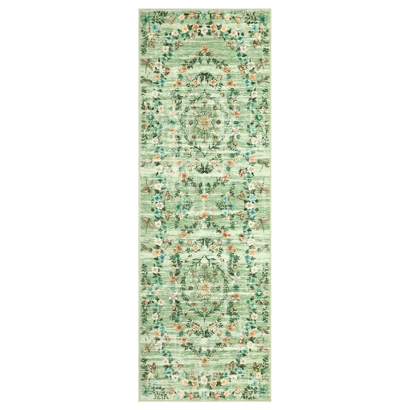 Qeetex LSN-PHK-34BNWWA7 2 x 6 ft Polyester Green Rectangular Hallway Bathroom Entryway Kitchen Office Foldable Flower Printed Washable Area Rug