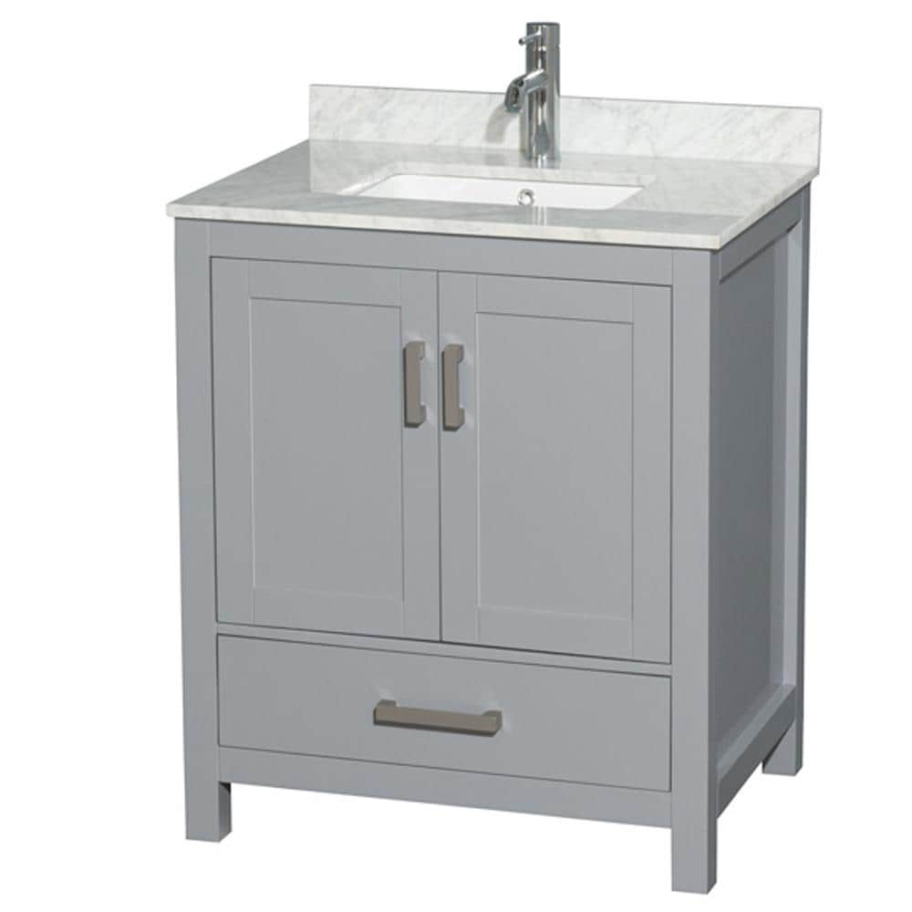 Wyndham Collection WCS141430SGYCMUNSMXX Sheffield 30-in Gray with Brushed Chrome Trim Undermount Single Sink Bathroom Vanity with White Carrera Natural Marble Top
