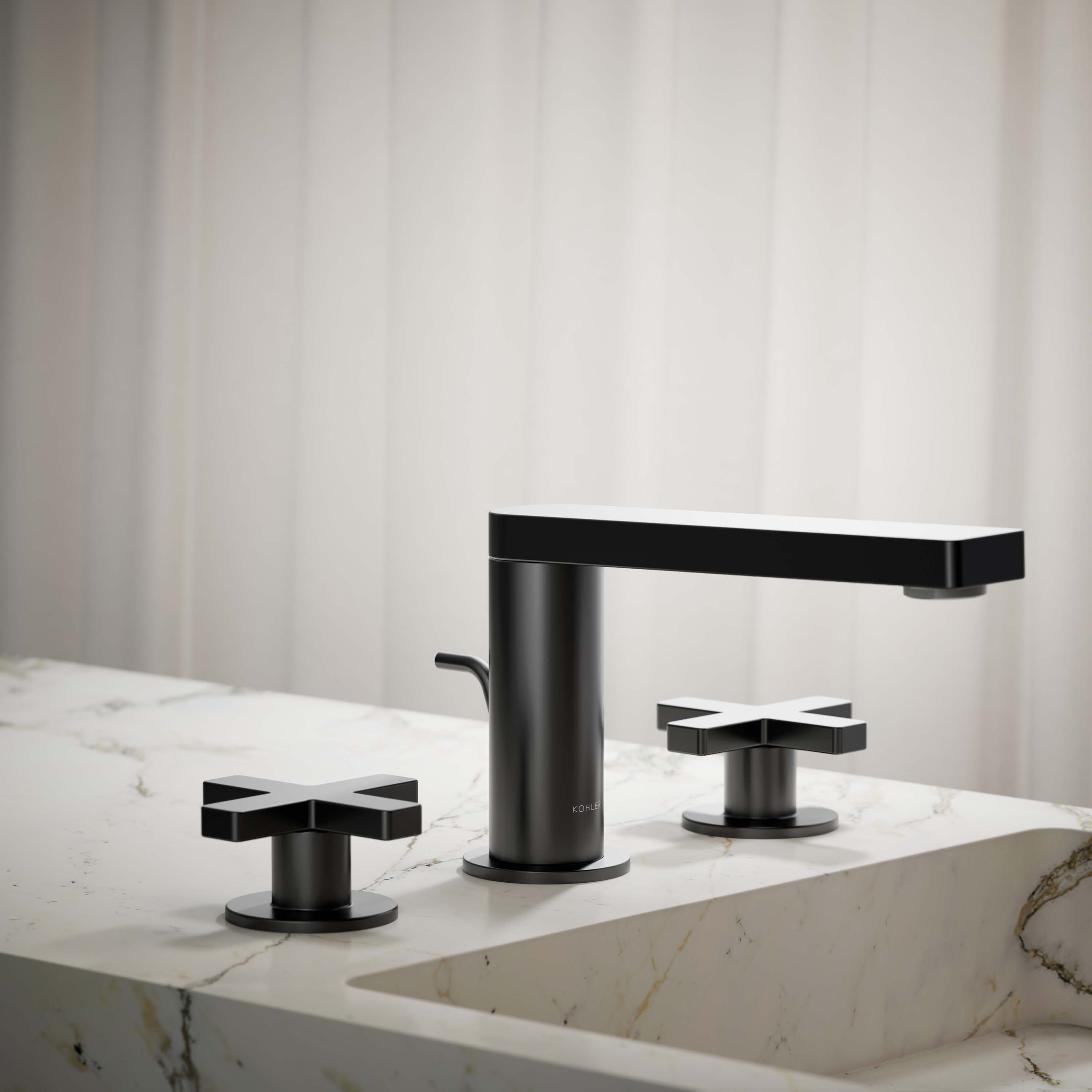 KOHLER K-73060-3-BL Matte Black Widespread 2-handle WaterSense Low-arc Residential Handle Bathroom Sink Faucet with Drain