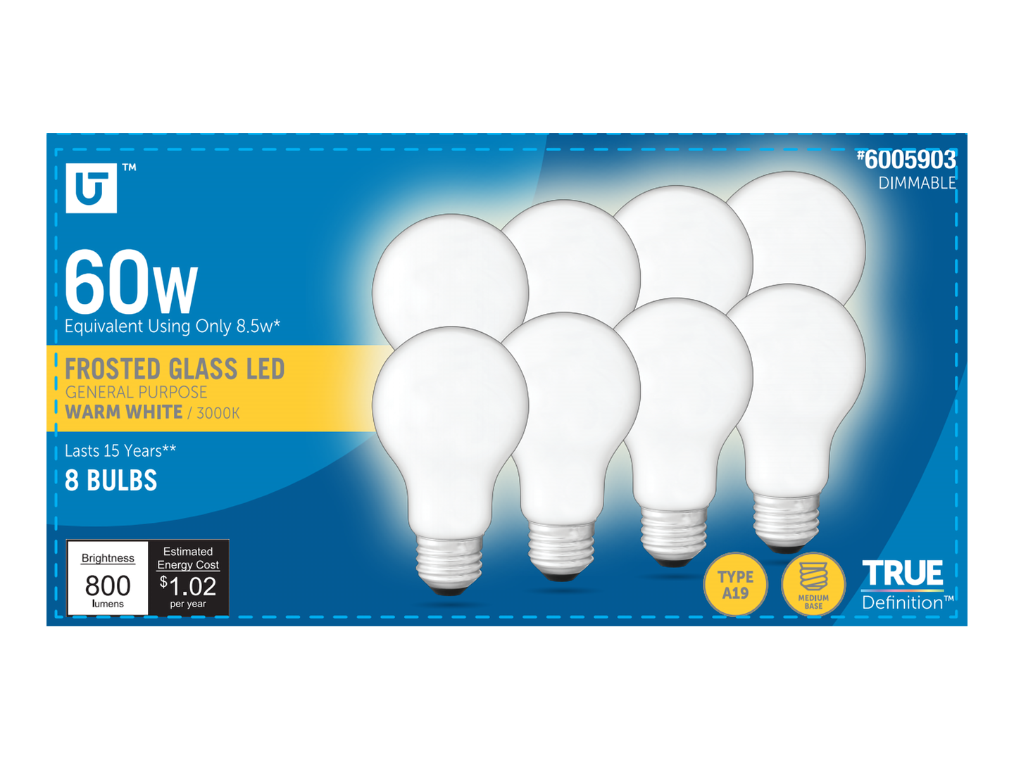 Utilitech 5A19DG8.5WOP30K8PB 60 -Watt EQ A19 Warm white E26 Dimmable LED General purpose Light Bulb 8 -Pack