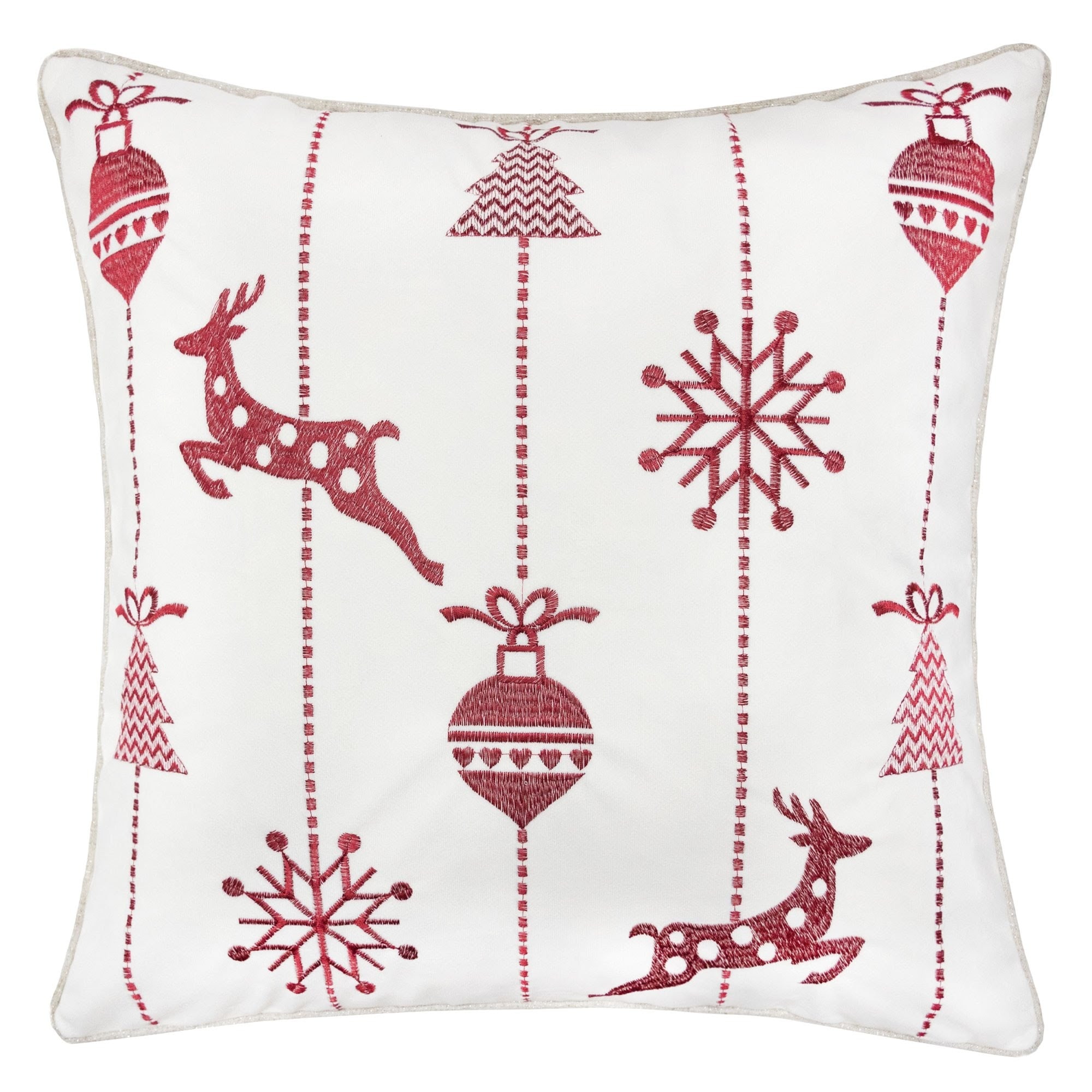 HyperDrop Cart 20-in L x 20-in W White Fabric Throw Pillow Durable Red Embroidered Reindeer for Holiday Sofa Bed