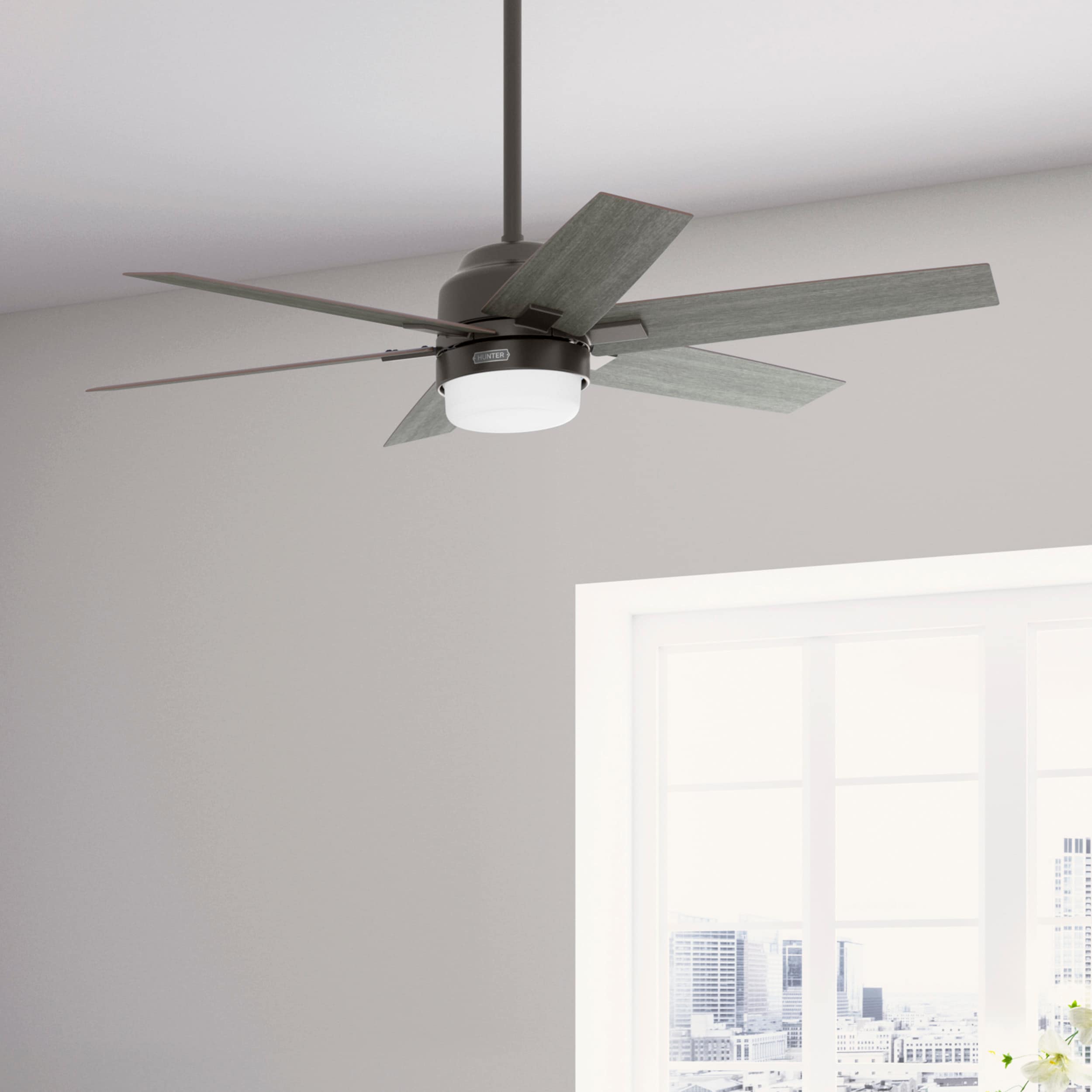 Hunter 51491 Riesling SureSpeed 52-in Noble Bronze with Dark Gray Oak Blades LED Indoor Ceiling Fan with Light and Remote (6-Blade)