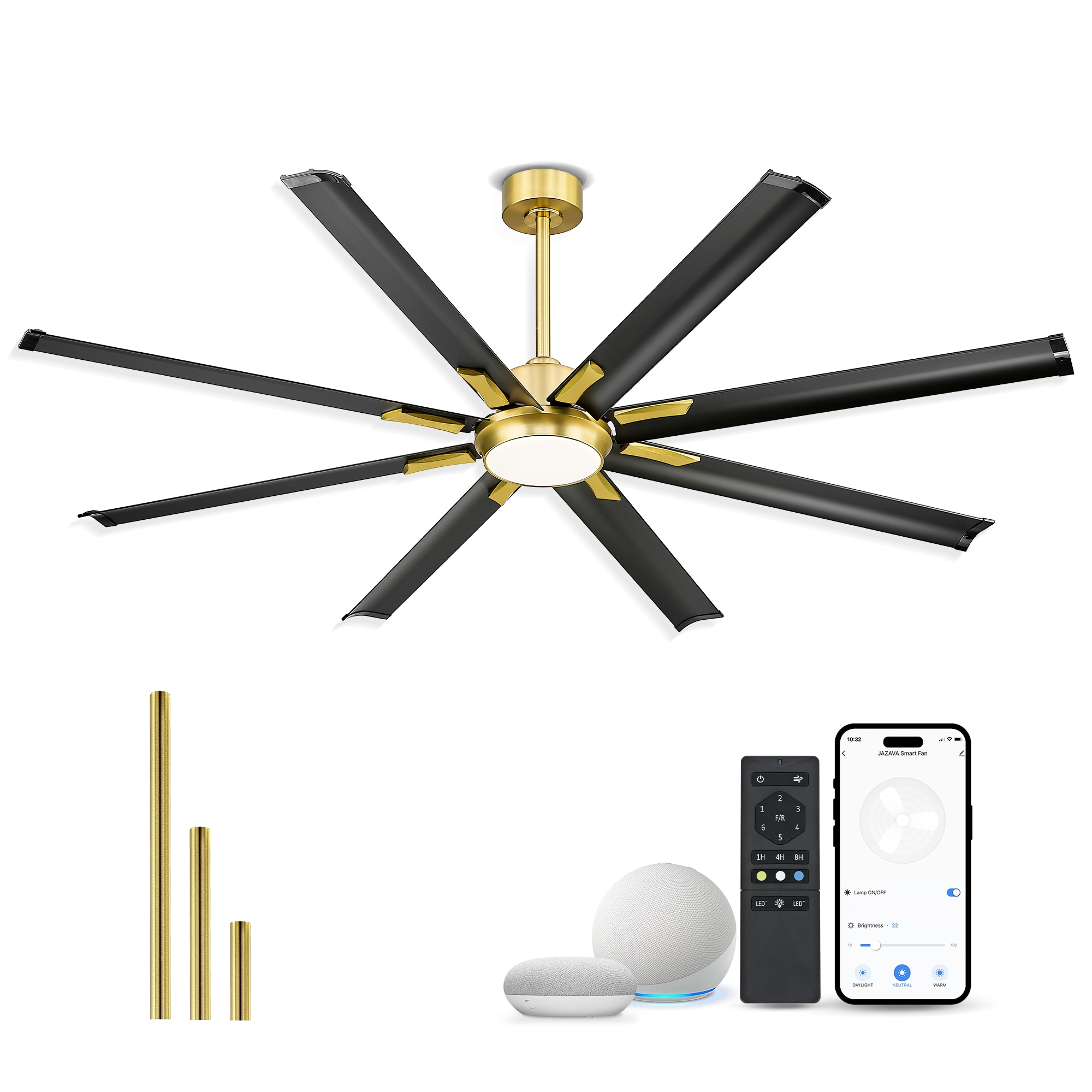 LTMATE LSLT-CF04BGB-72 JAZAVA 72-in Color-Changing Integrated LED Outdoor Smart Black and Gold with Painted Blades Ceiling Fan With Light - Remote Included ( 8 -Blade )