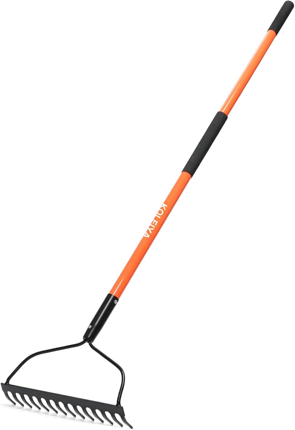 Rbied SR-3 Heavy Duty Garden Rake 14 Tooth Orange Fiberglass Handle 57 Inch Yard Rake