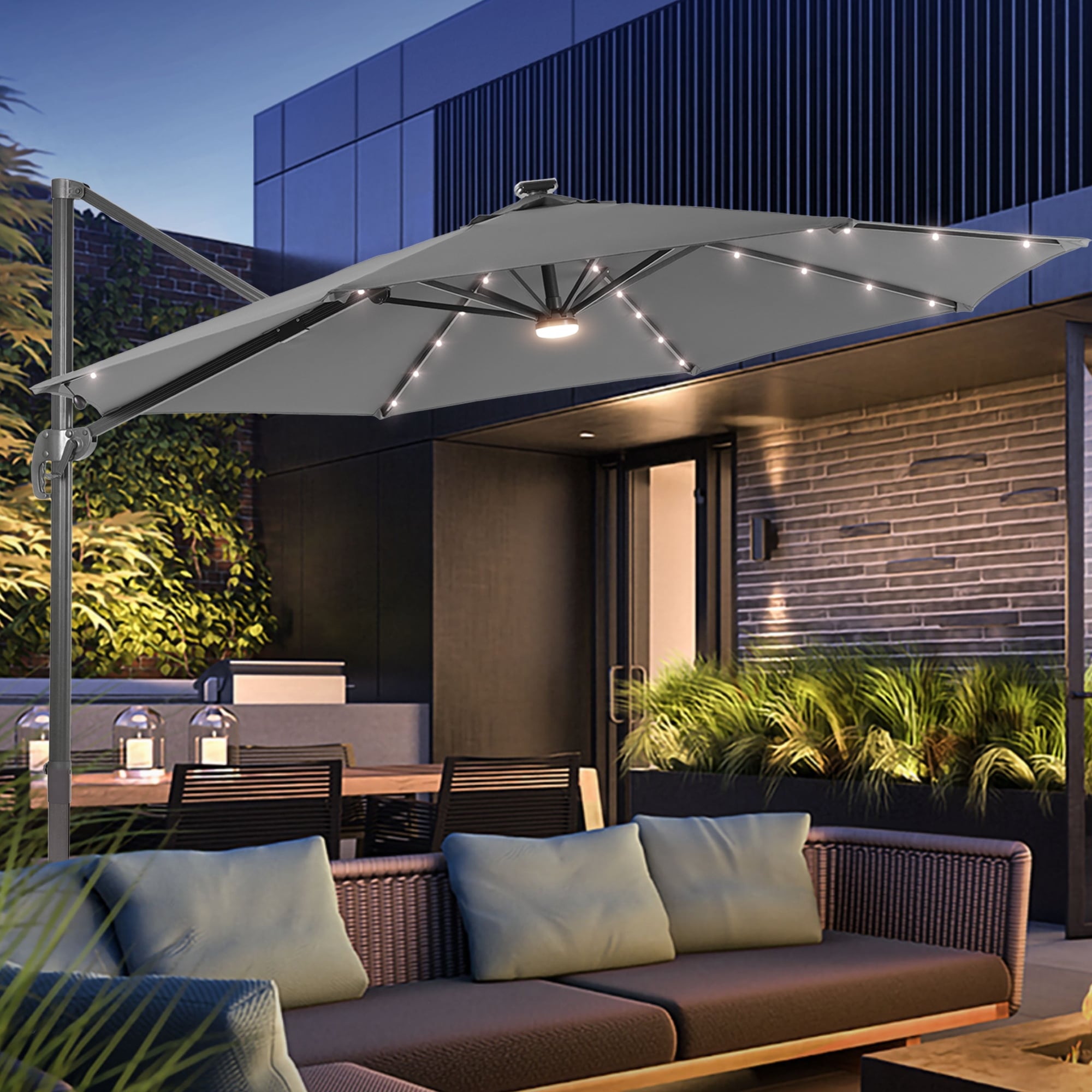 ACEGOSES LW-335LY-LED 11-ft Aluminum Gray No-tilt Cantilever Patio Umbrella with Lights
