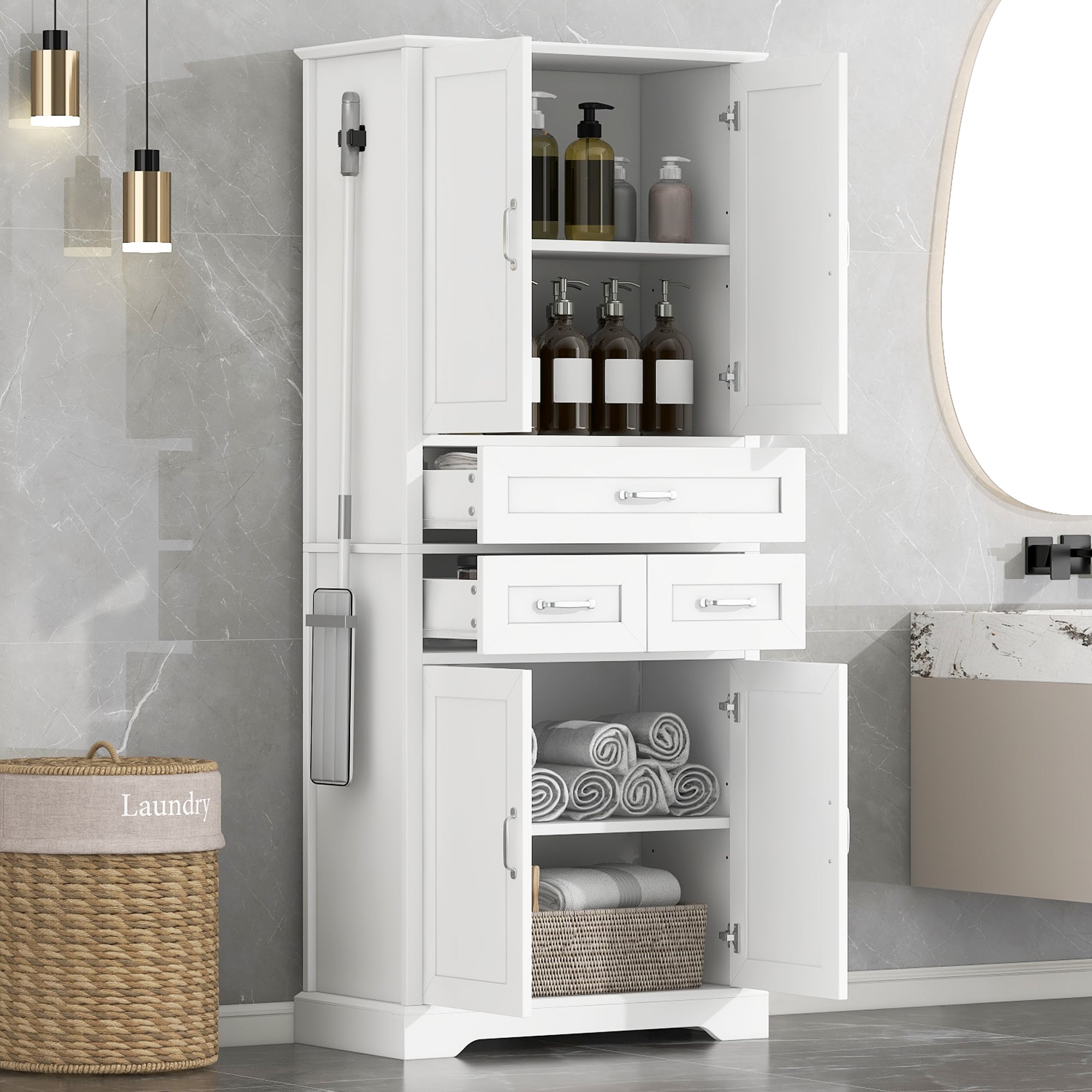 ModernLuxe Assembly Required Tall Bathroom Storage Cabinet Freestanding Linen Tower with 4 Doors and 3 Drawers Adjustable Shelves MDF Board White Bathroom Organizer with Aluminum Alloy Hook