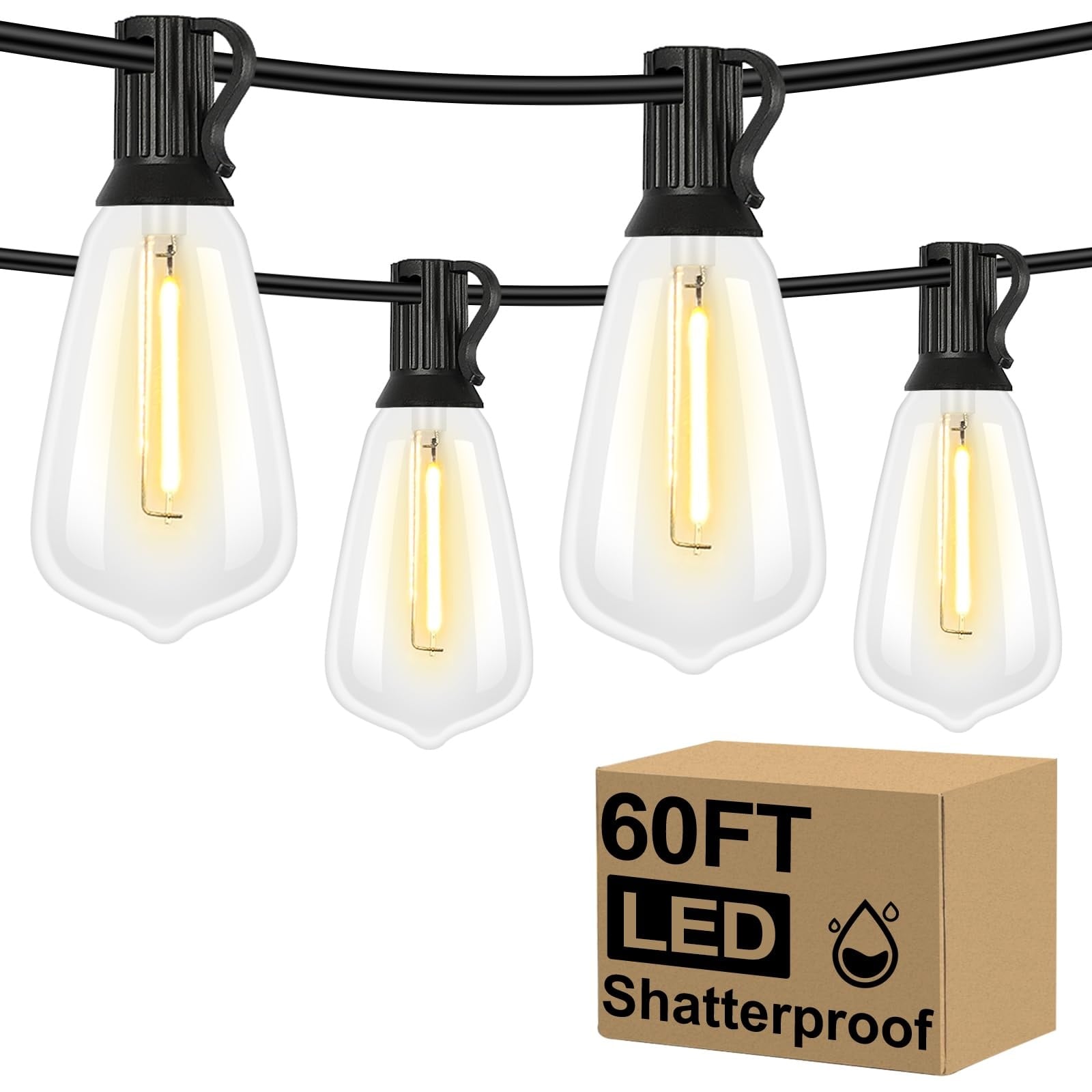 Afoxsos  LED Outdoor String Lights 60FT with 32 Shatterproof ST38 Vintage Edison Bulbs Waterproof Dimmable Patio Garden Deck Lighting
