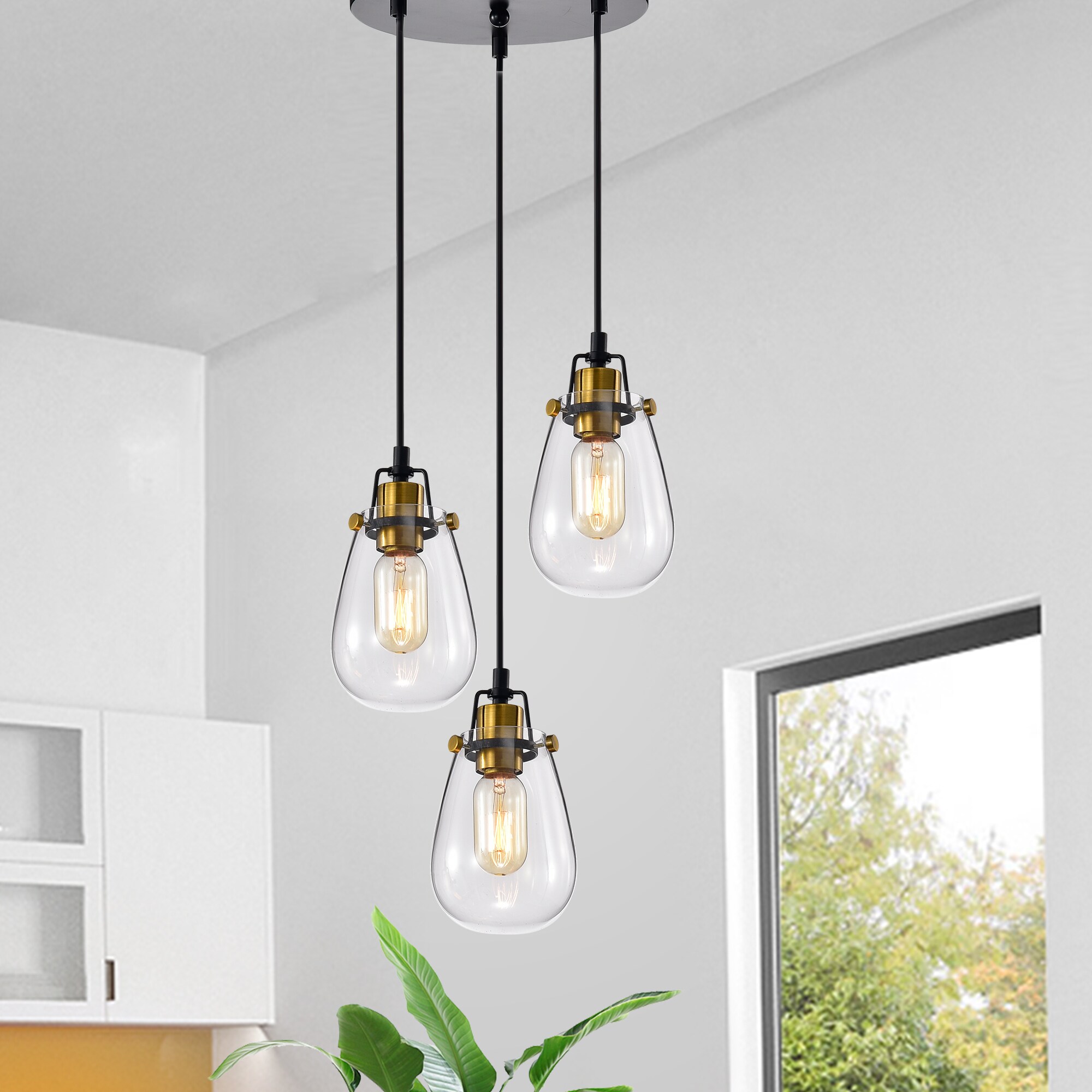 Edvivi Sabine 3-Light Black and Antique Gold Industrial Clear Glass ...