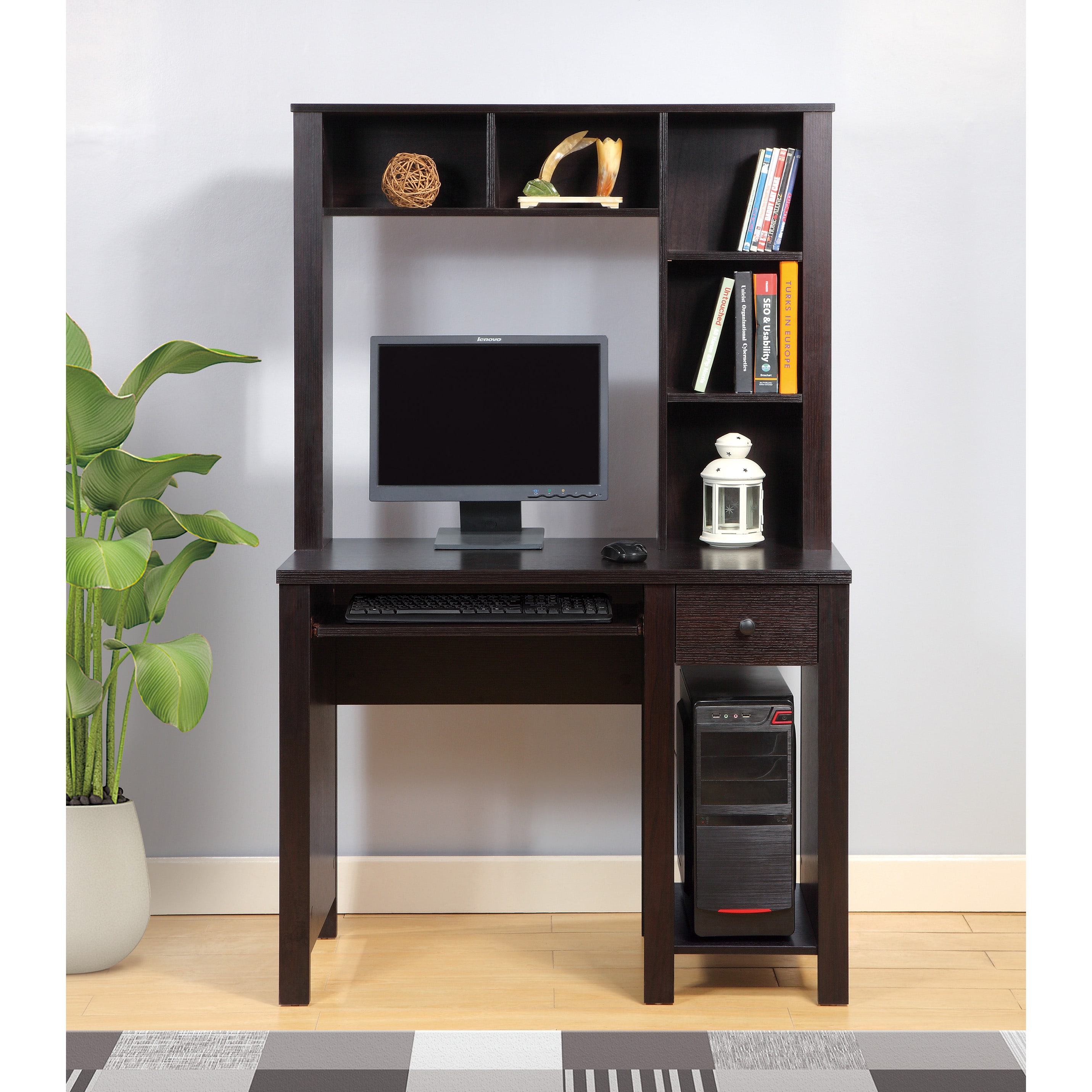 JUSHUA Student desk with hutch home office desk 39InchesW Compact desk Writing Desk Laptop Desk Red Cocoa Espresso One drawer Keyboard Drawer Wooden Knob