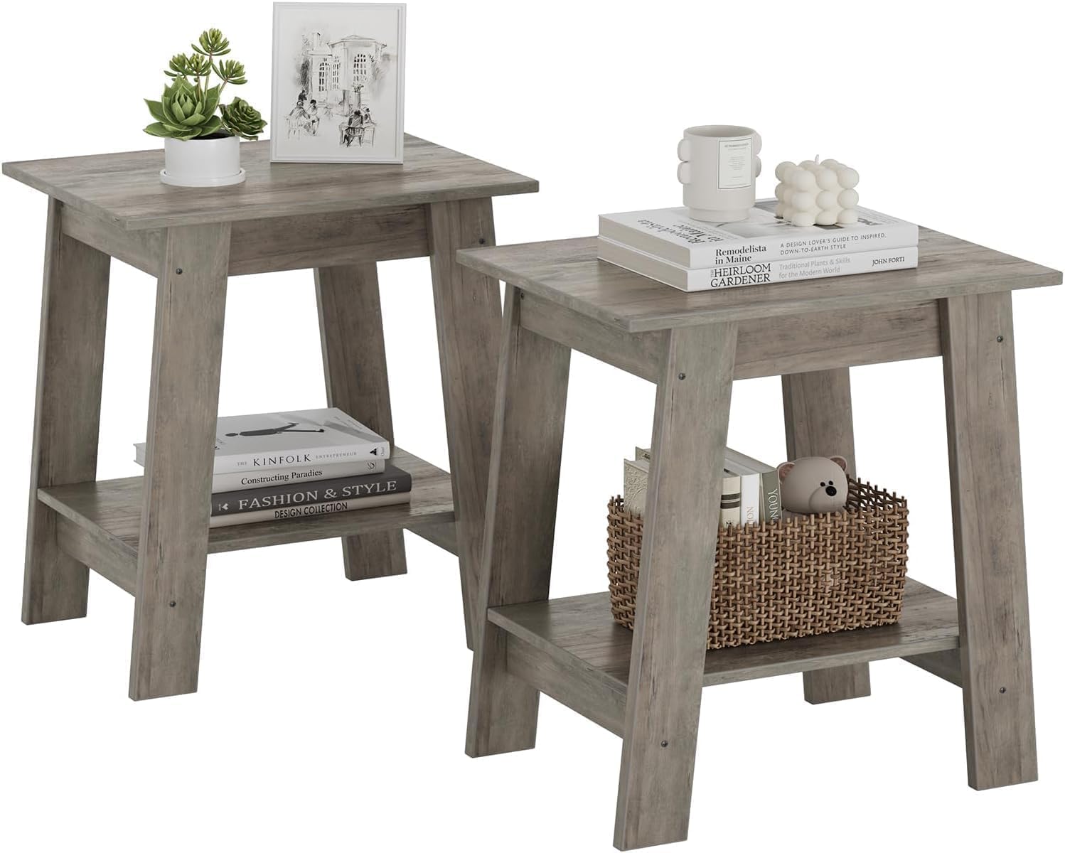 Garvee 2 Pcs Side Table Small End Table with 2 Tier Storage Shelf  Narrow Space Side Table for Farmhouse Bedroom  Studio Apartment/Entryway/ Living Room -Rustic Grey