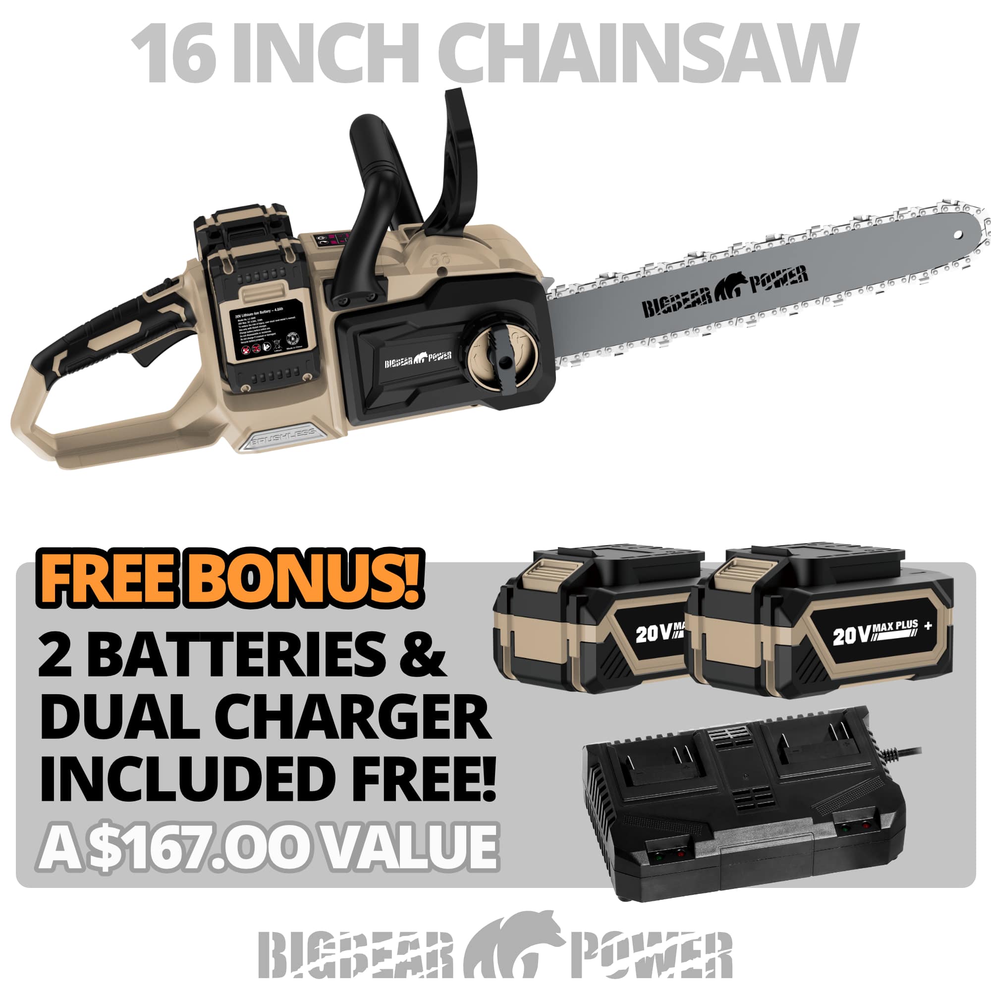 Bigbear Power 16-in 2x20V Battery-Powered Cordless Brushless Chainsaw