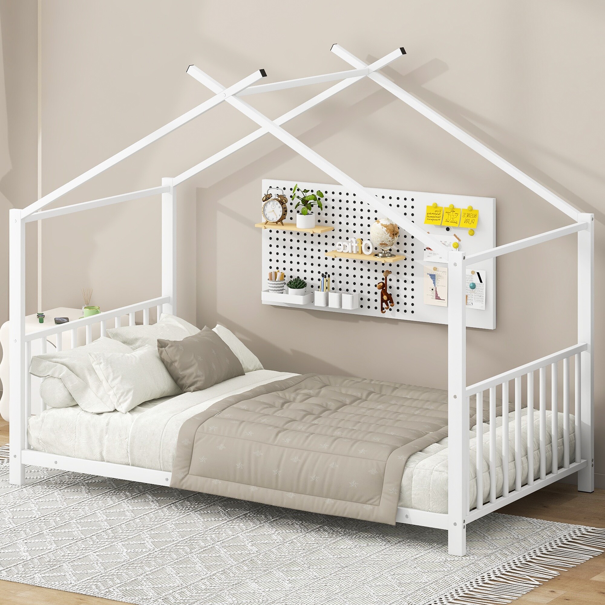 HyperDrop Cart White Twin Size Metal House Shaped Platform Bed Frame with Sturdy Construction for Children