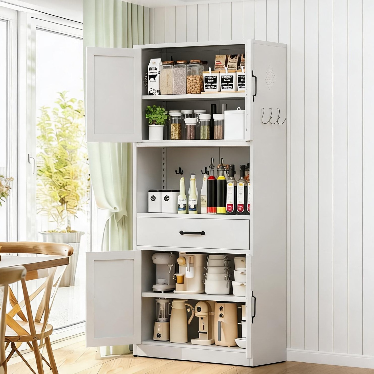 Naturefalls 71 in Cabinet for Living Room in White Metal featuring Storage with Clean White Metal Kitchen Pantry