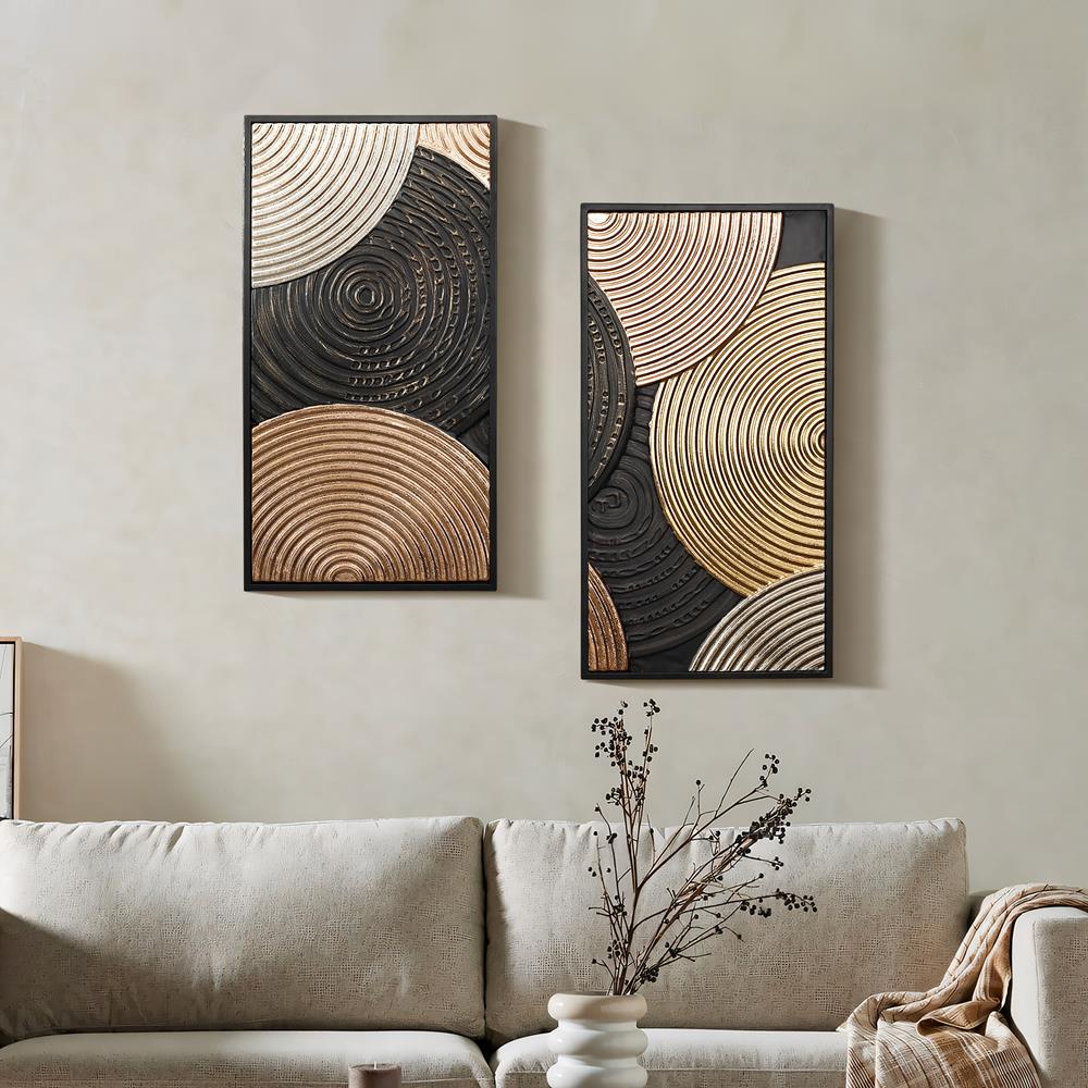 Modern Abstract Black and Gold Metal Wall Art Set