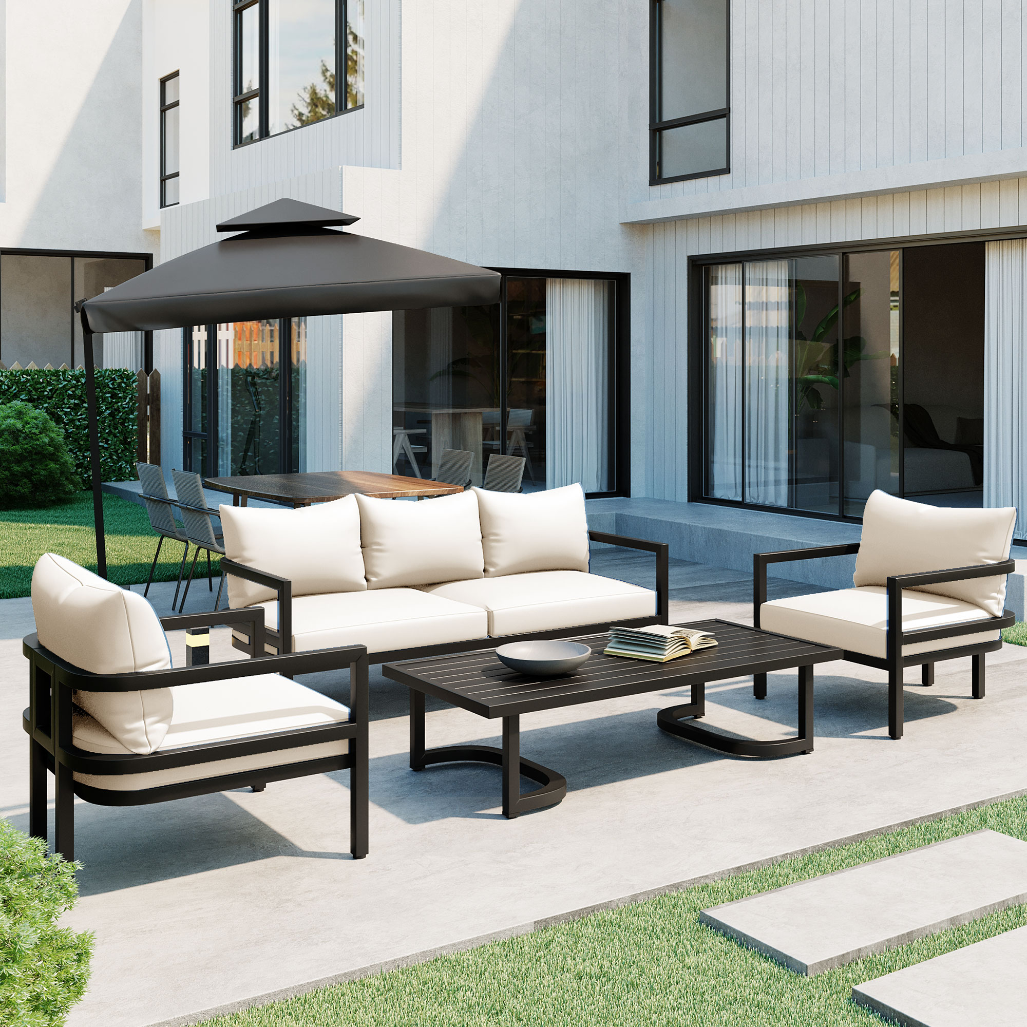 ModernLuxe L-WY000333AAA 4-Piece Patio Conversation Set with Off-white Cushions