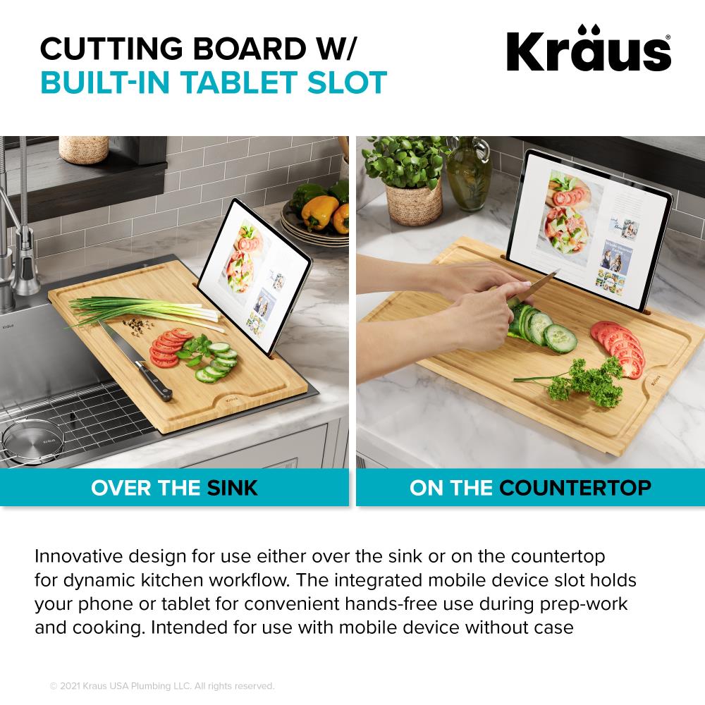 Solid Bamboo Cutting Board with Mobile Device Holder for Standard