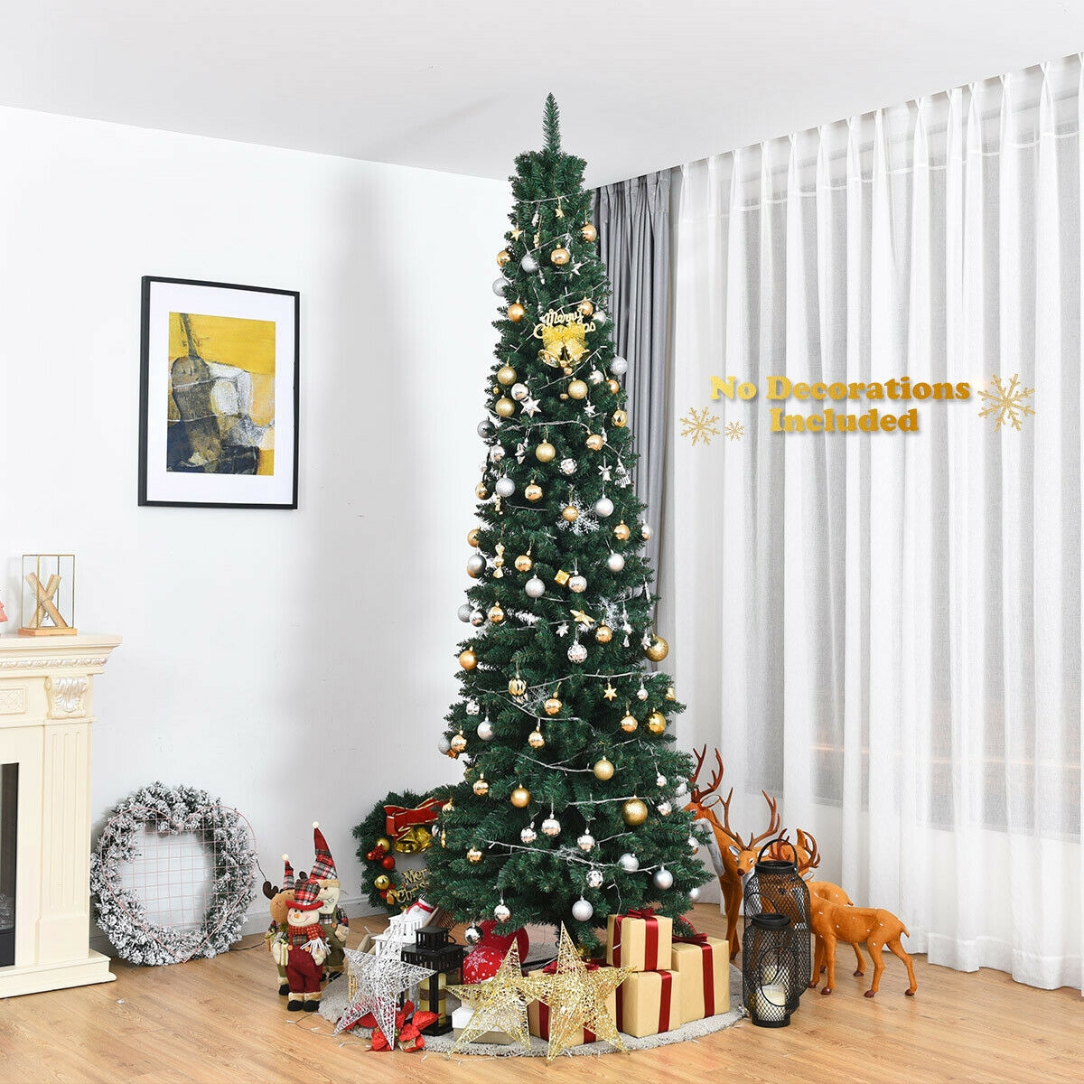 WELLFOR 9-ft Slim Pencil Green Artificial Christmas Tree - Full Shape, Leg  Base Stand, Large Size in the Artificial Christmas Trees department at