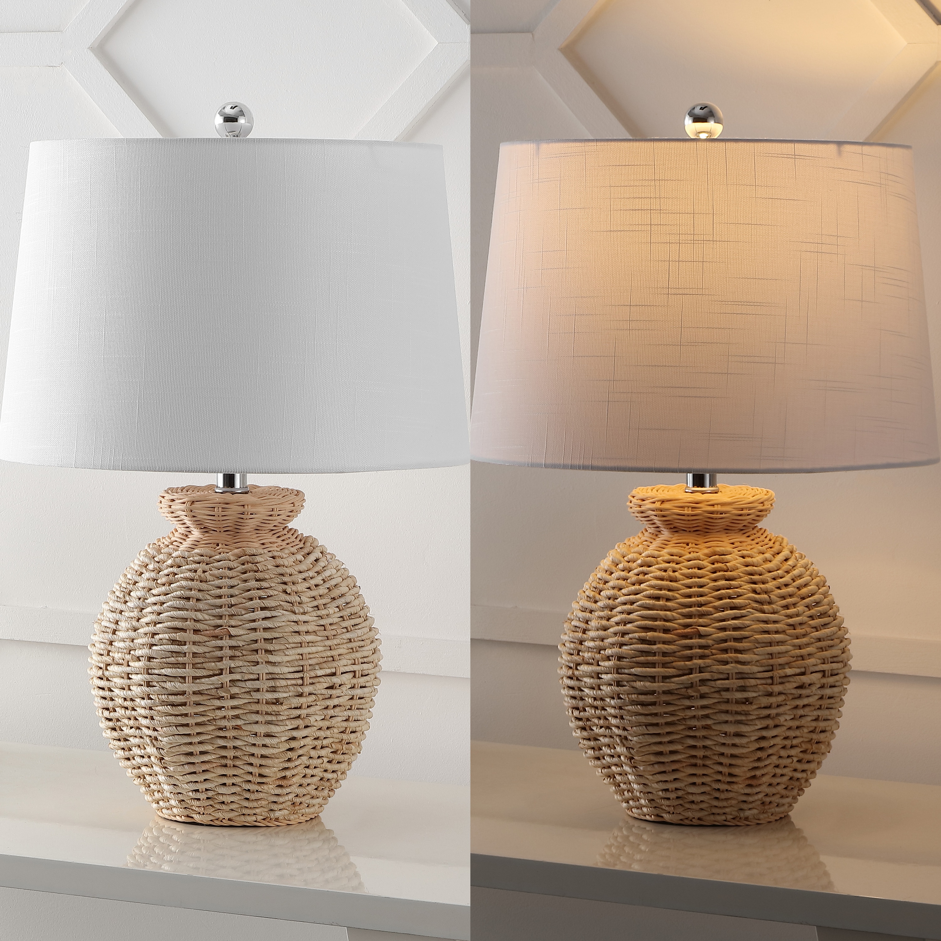 Nora 22" Woven Rattan Urn Shape Table Lamp Set with White Linen Shade