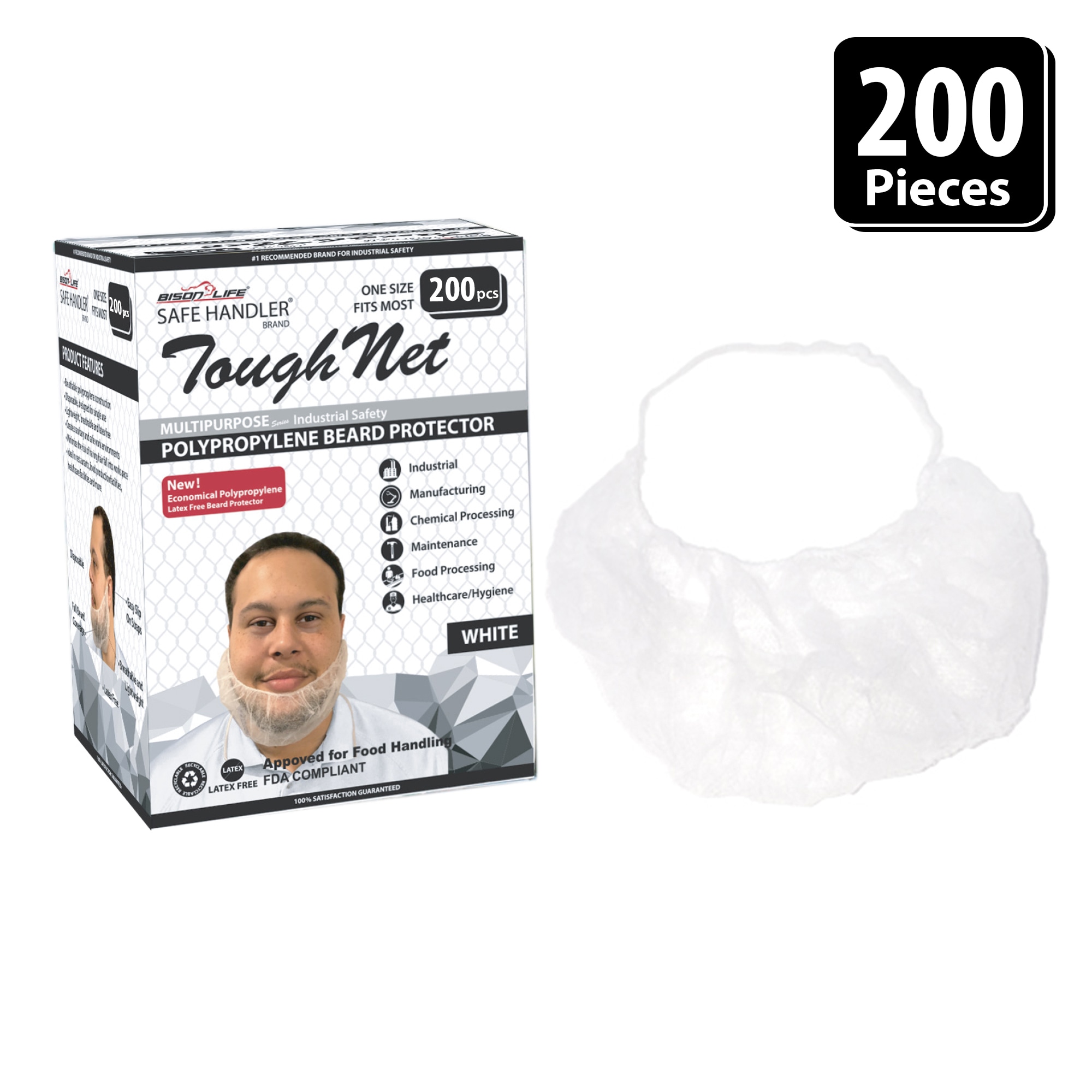 BISON LIFE SH-MS-BP-14W-100-200 18 Inch, Disposable Tough Net Polypropylene White Beard Protector, Latex-free, Breathable, Secure-fit, Non-woven, Pack Of 200