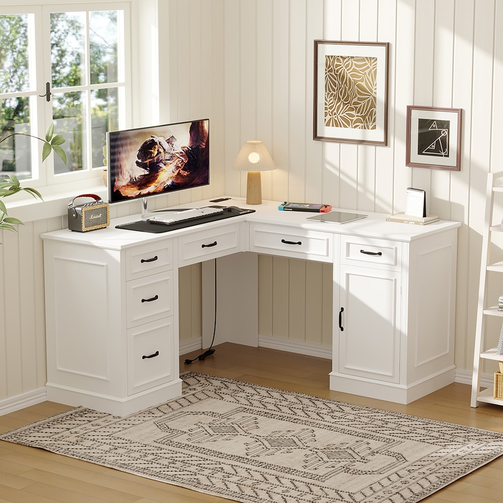 Homsee V-KF330170-01-AB White L Shaped Office Desk with 6 Drawers and Cabinet P2 MDF Computer Workstation with Power Outlet and Storage