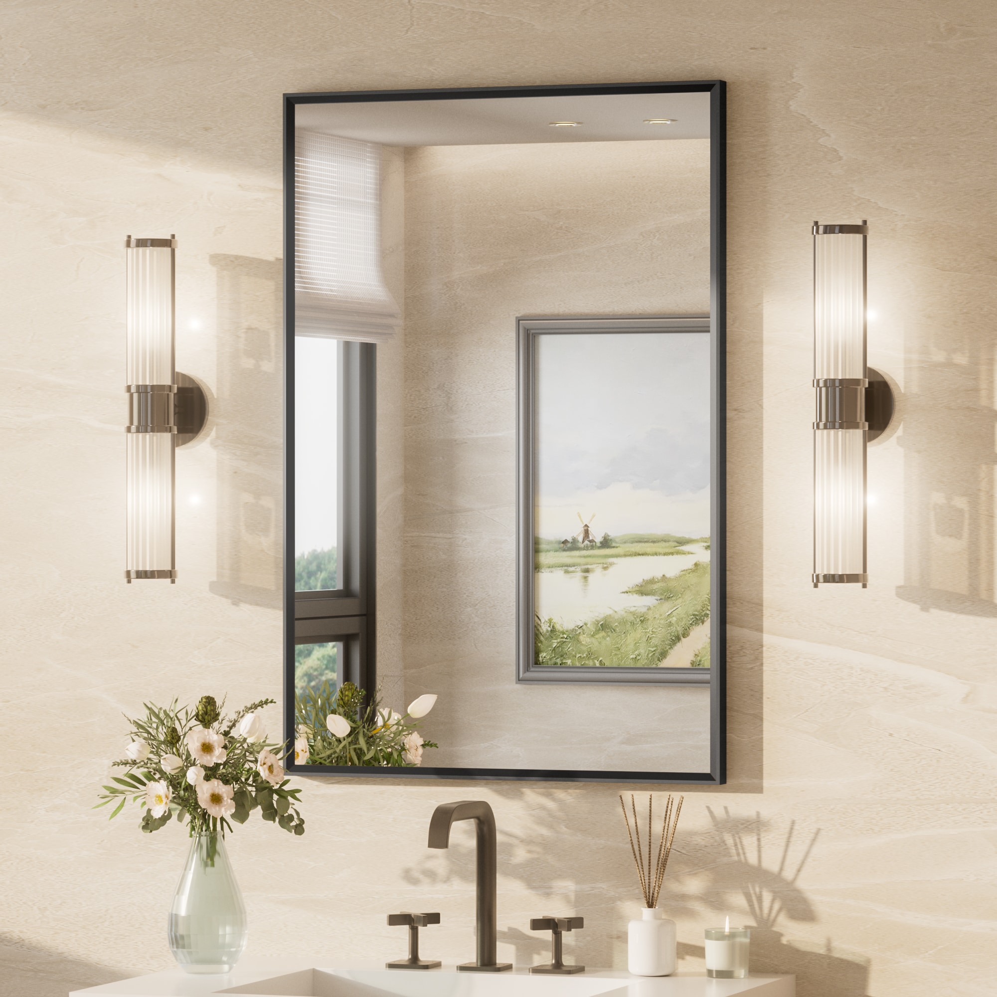 Keonjinn LW-25F-6191BK Bathroom Mirrors 24-in W x 36-in H Rectangle Matte Black Framed Wall Mirror