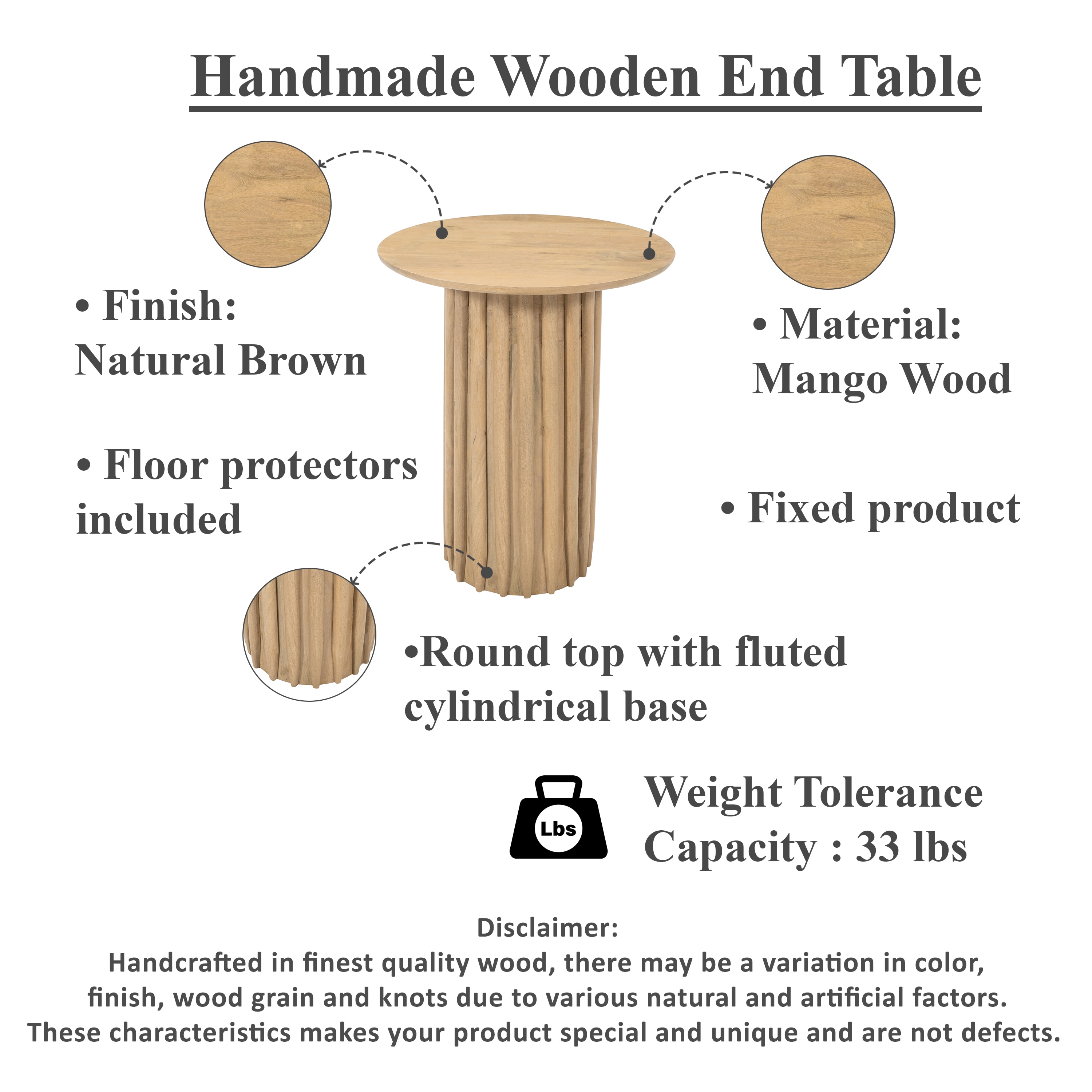 Light Brown Mango Wood Round Dinner Table with Ridged Plinth Base