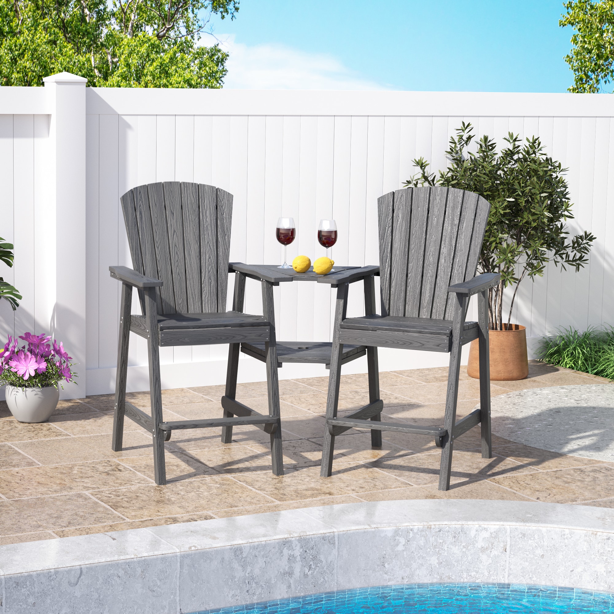 PamaPic HPE-XDY-2-ML1 Patio Chair Set of 2 Gray HDPE Frame Stationary Adirondack Chair with Slat Seat