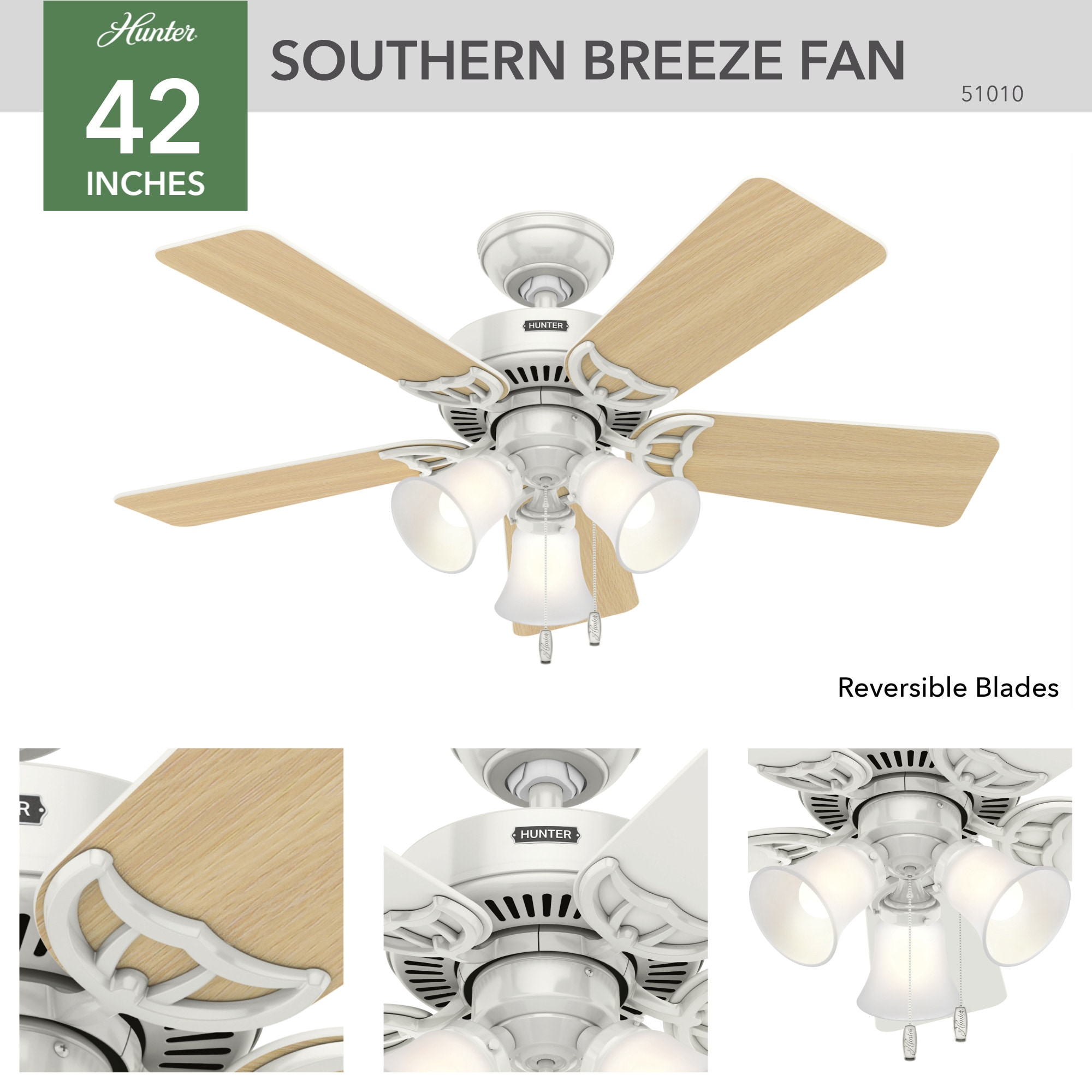 Hunter Southern Breeze 42-in White with White/Bleached Oak Blades LED ...