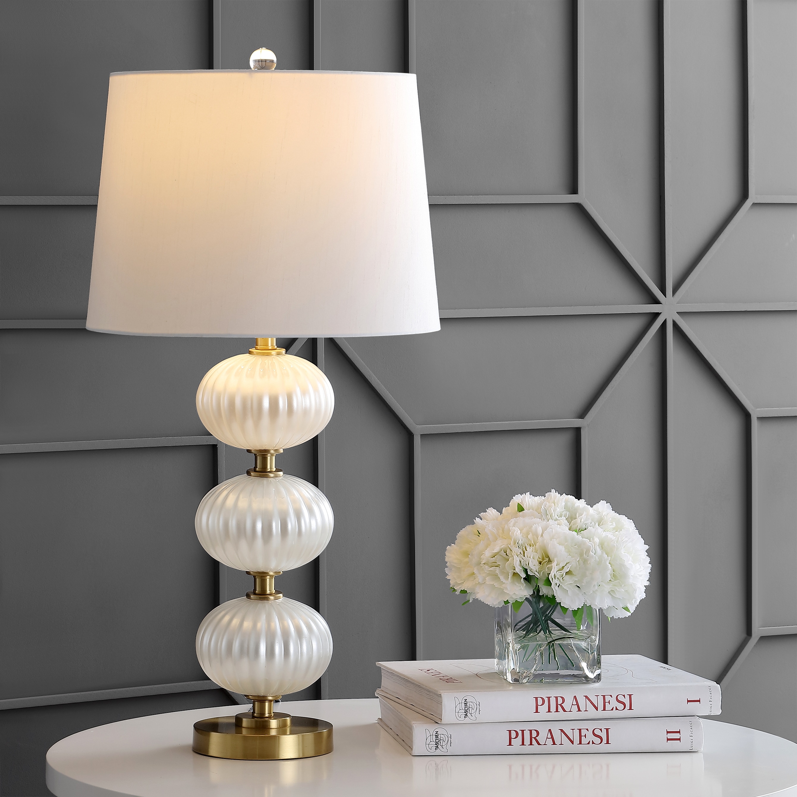 JONATHAN  Y JYL2073A Carter Glass Transitional 29.75-in White LED Incandescent Rotary socket Table Lamp with Silk Shade