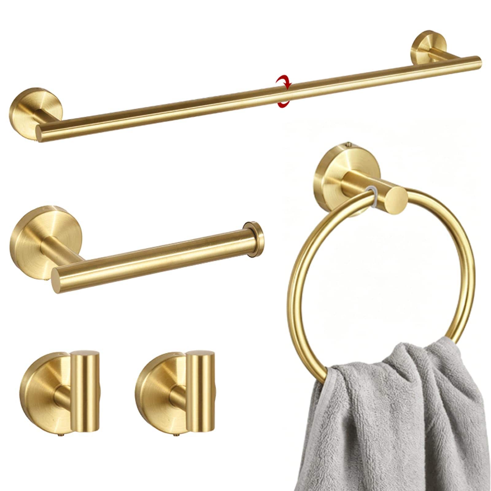 TNSO - Gold 5 Piece Brushed Stainless Steel Bathroom Hardware Set Modern Rustproof Towel Bar Kit