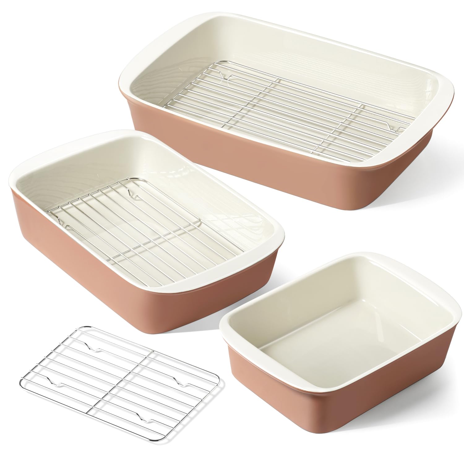 CHEFMADE 3-Piece Ceramic Casserole Dish Set with Roasting Racks and Handles Oven Safe to 500F Rectangular Bakeware 4.6QT 3.0QT and 1.6QT Nesting Lasagna Pans