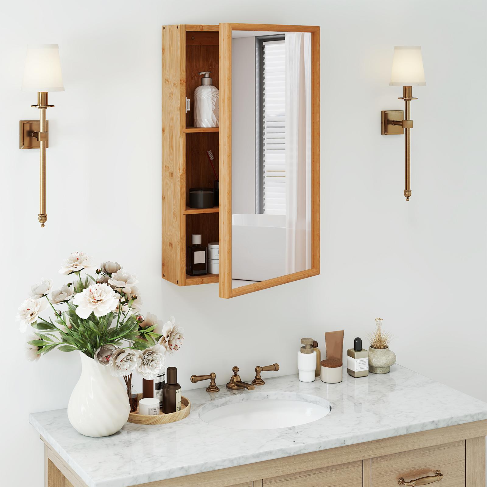 BABOOM Bamboo Small Medicine Cabinet with Acrylic Mirror Door 2 Removable Shelves and Recessed Handle