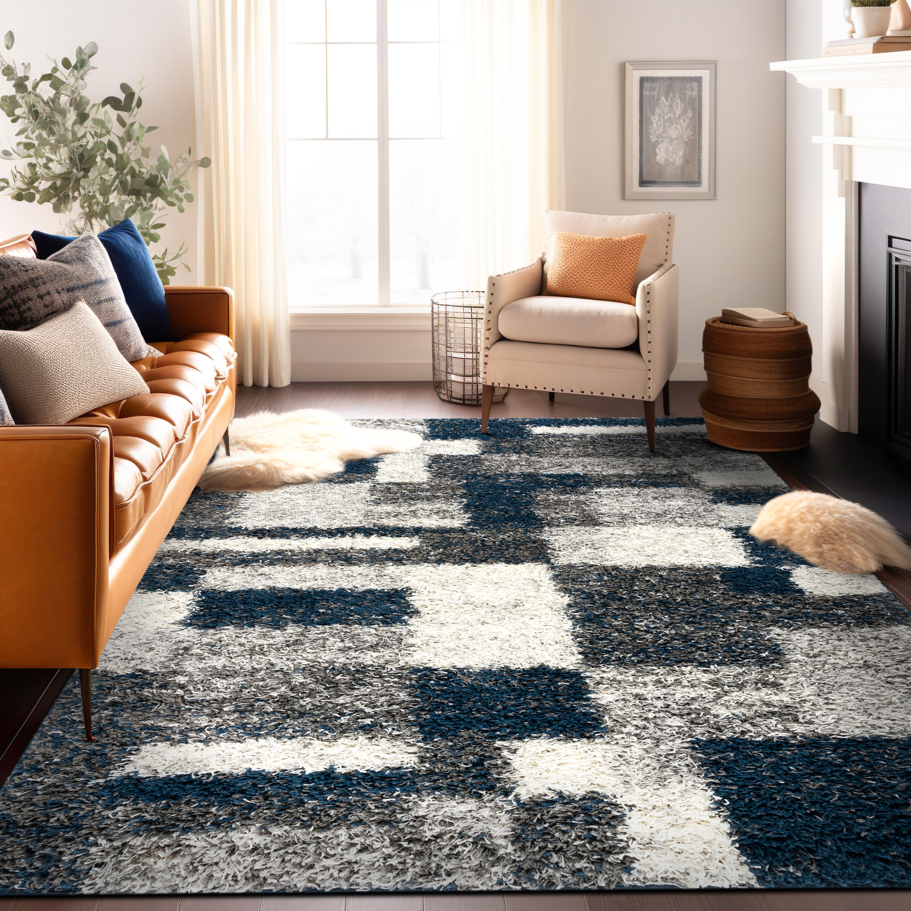 Navy and Gray Rectangular Synthetic Shag Area Rug 5' x 7'
