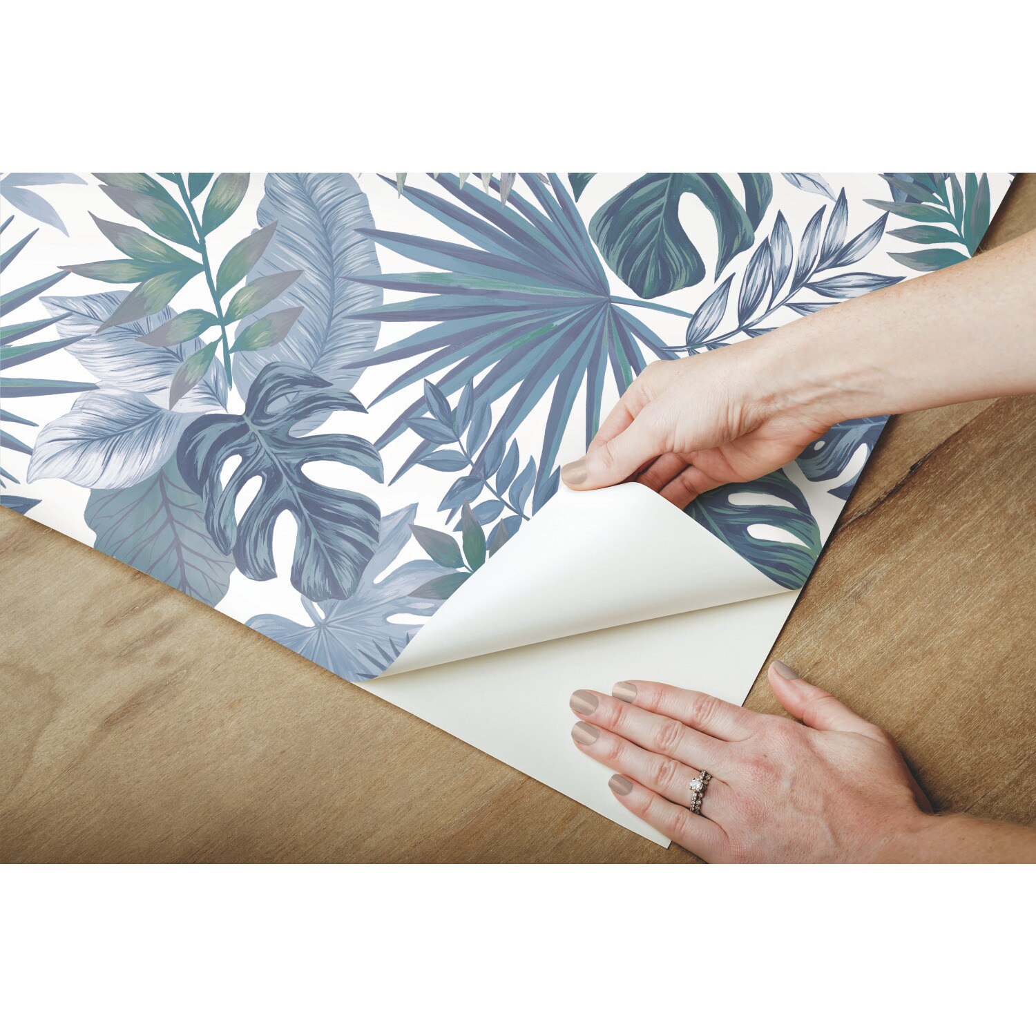 Blue and White Vinyl Palm Leaf Peel and Stick Wallpaper Roll