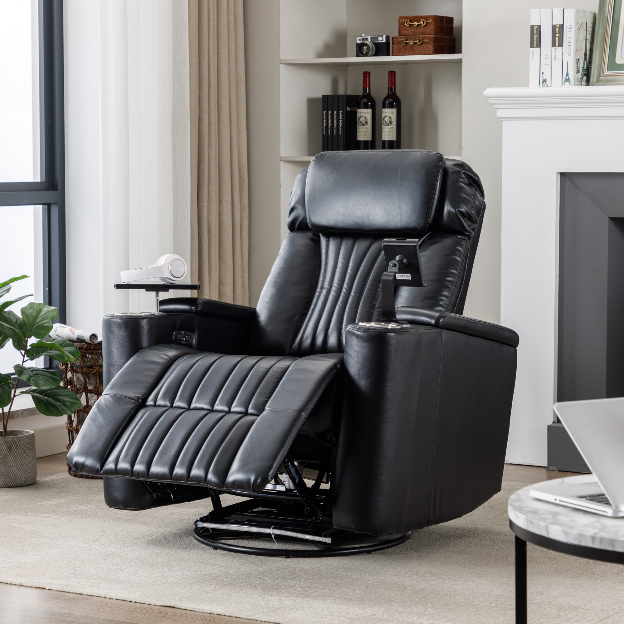 ModernLuxe N719S000750B 270° Power Swivel ReclinerHome Theater Seating With Hidden Arm Storage and  LED Light StripCup Holder360° Swivel Tray Tableand Cell Phone HolderSoft Living Room ChairBlack