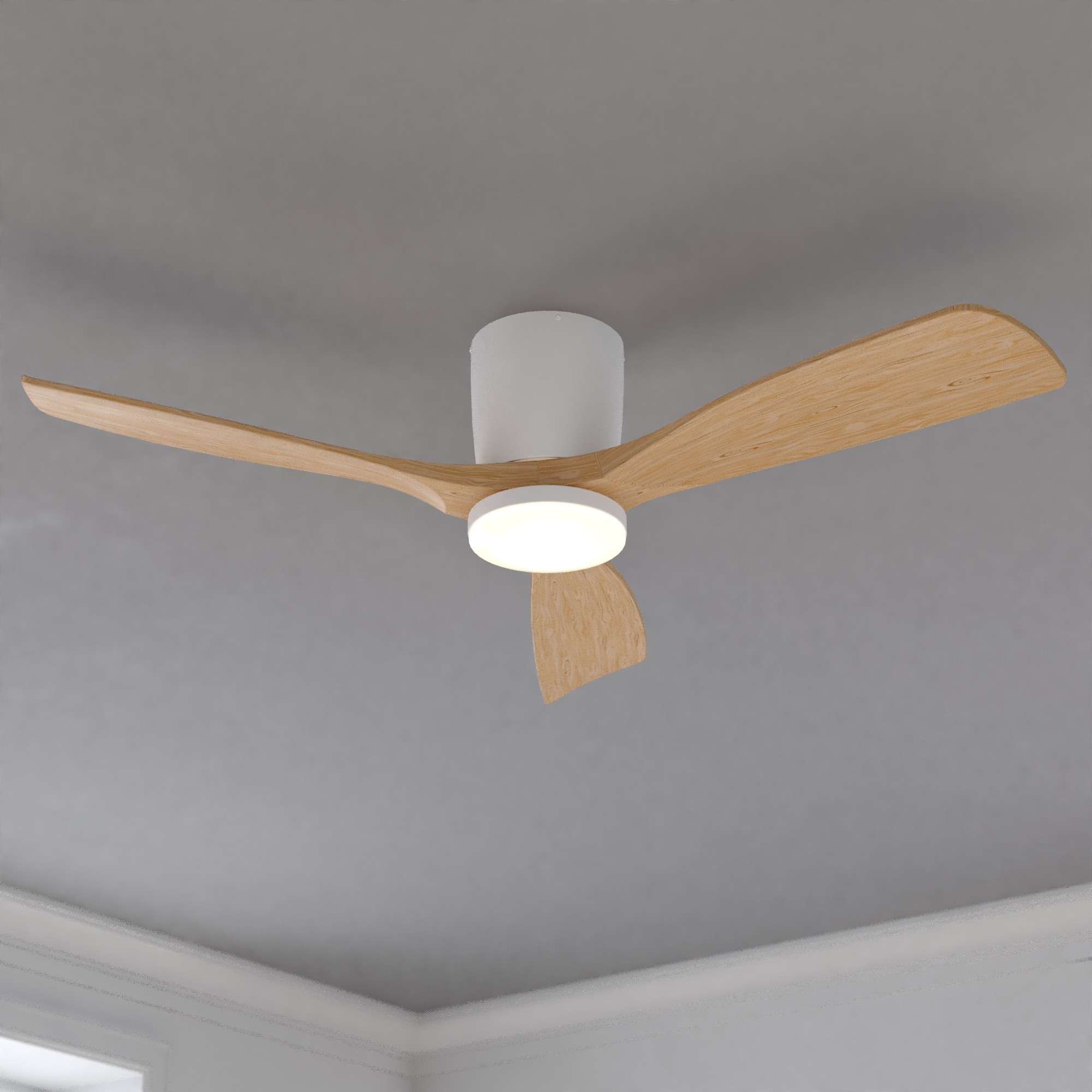 Cascadia Maplewood 52-in Matte White with Light Maple Blades Adjustable White LED Flush Mount Propeller Ceiling Fan With Light and Remote Control Included 3 -Blade